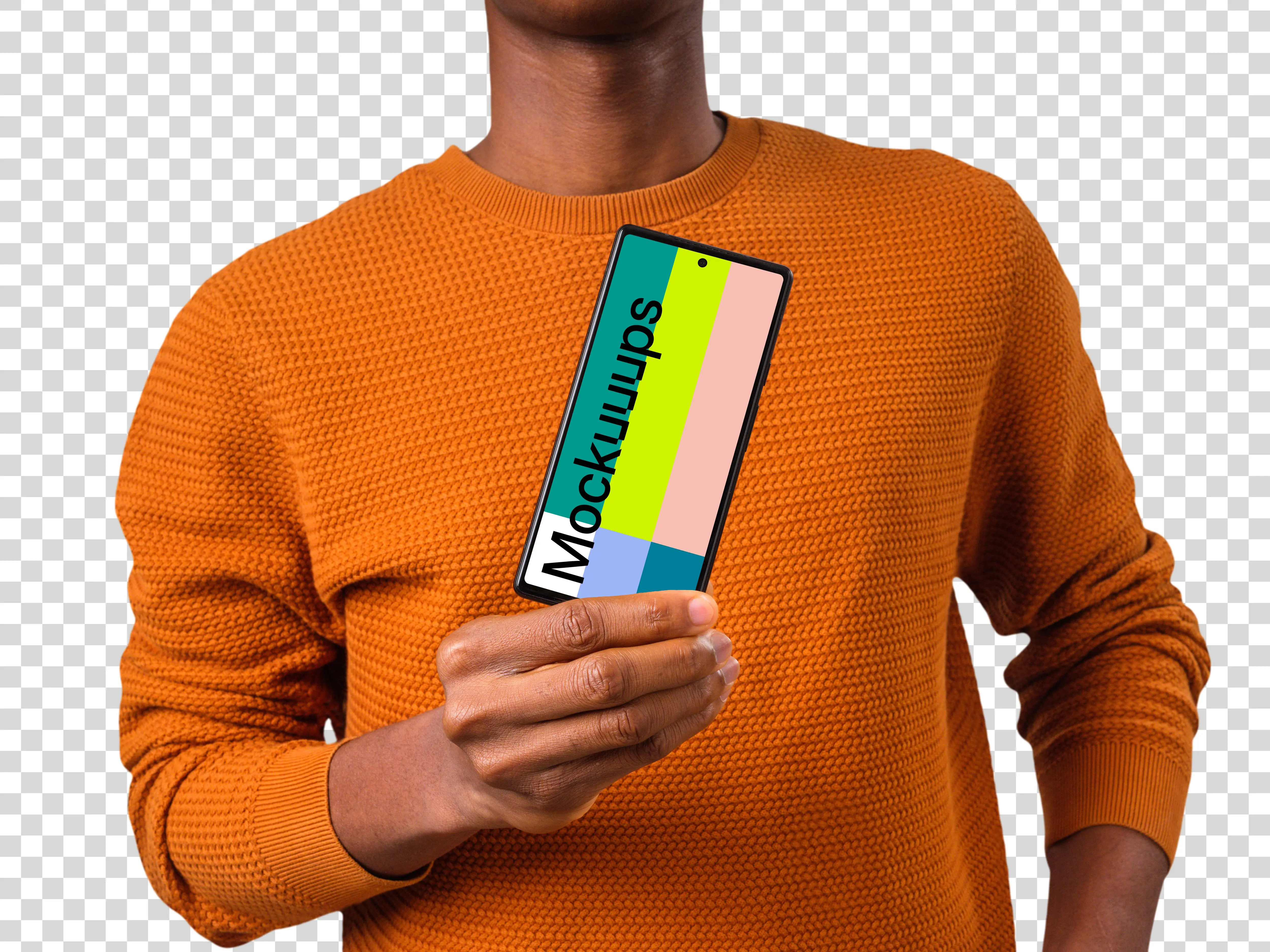 Man in orange sweater showcasing the app on Google Pixel mockup