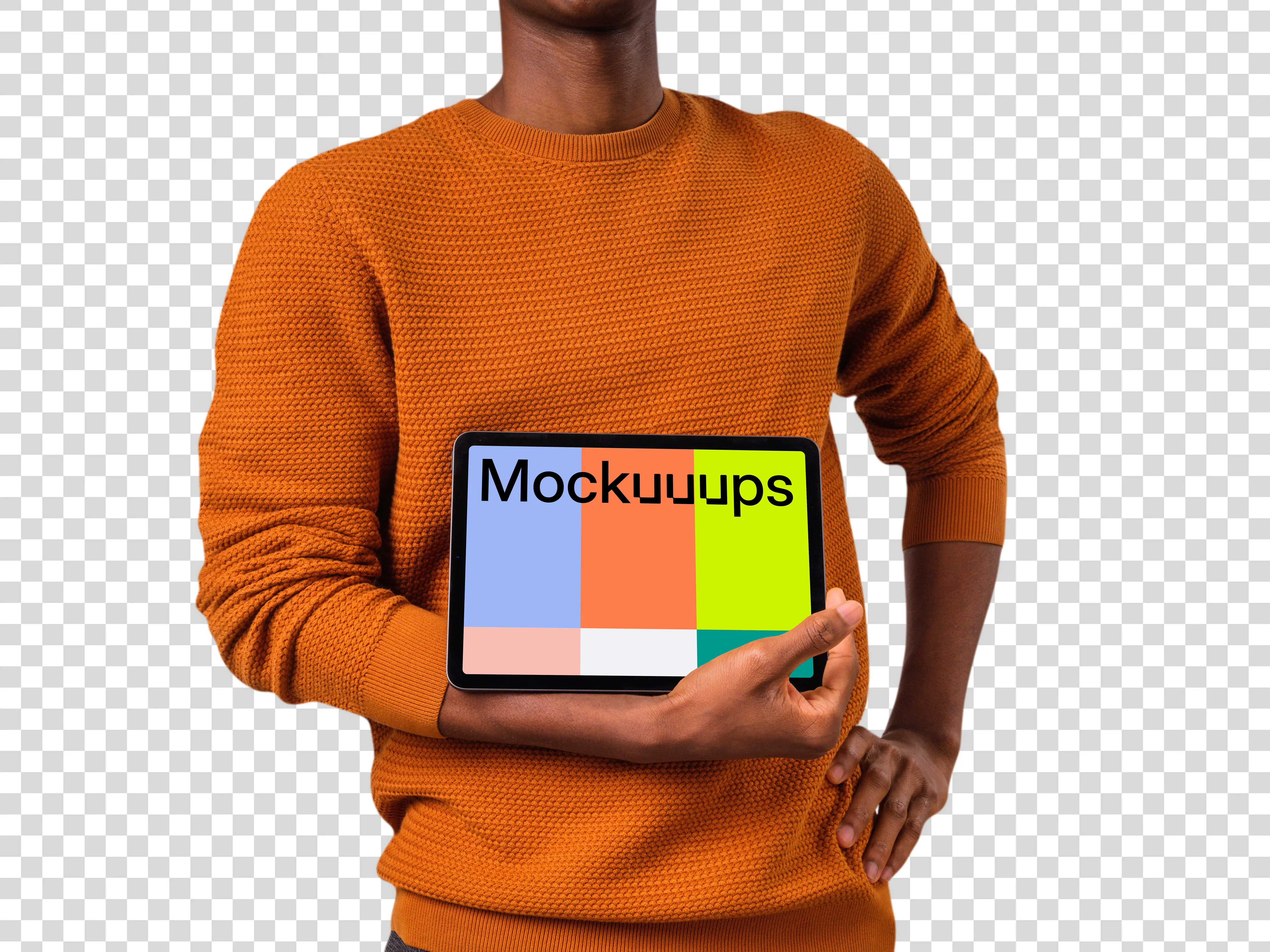 Man in orange sweather holding iPad mockup in landscape