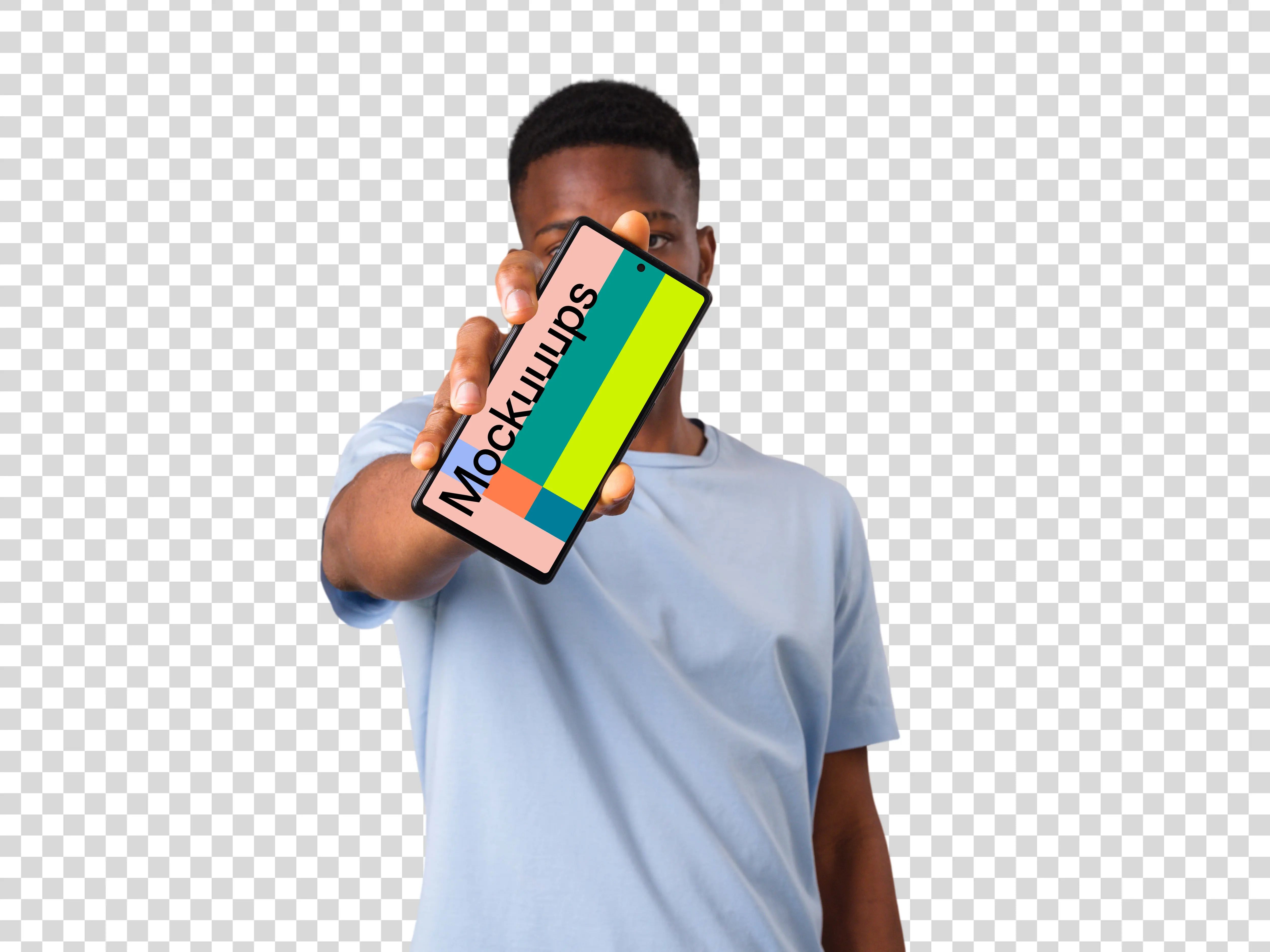 Man in shirt holding Google Pixel in front of his face