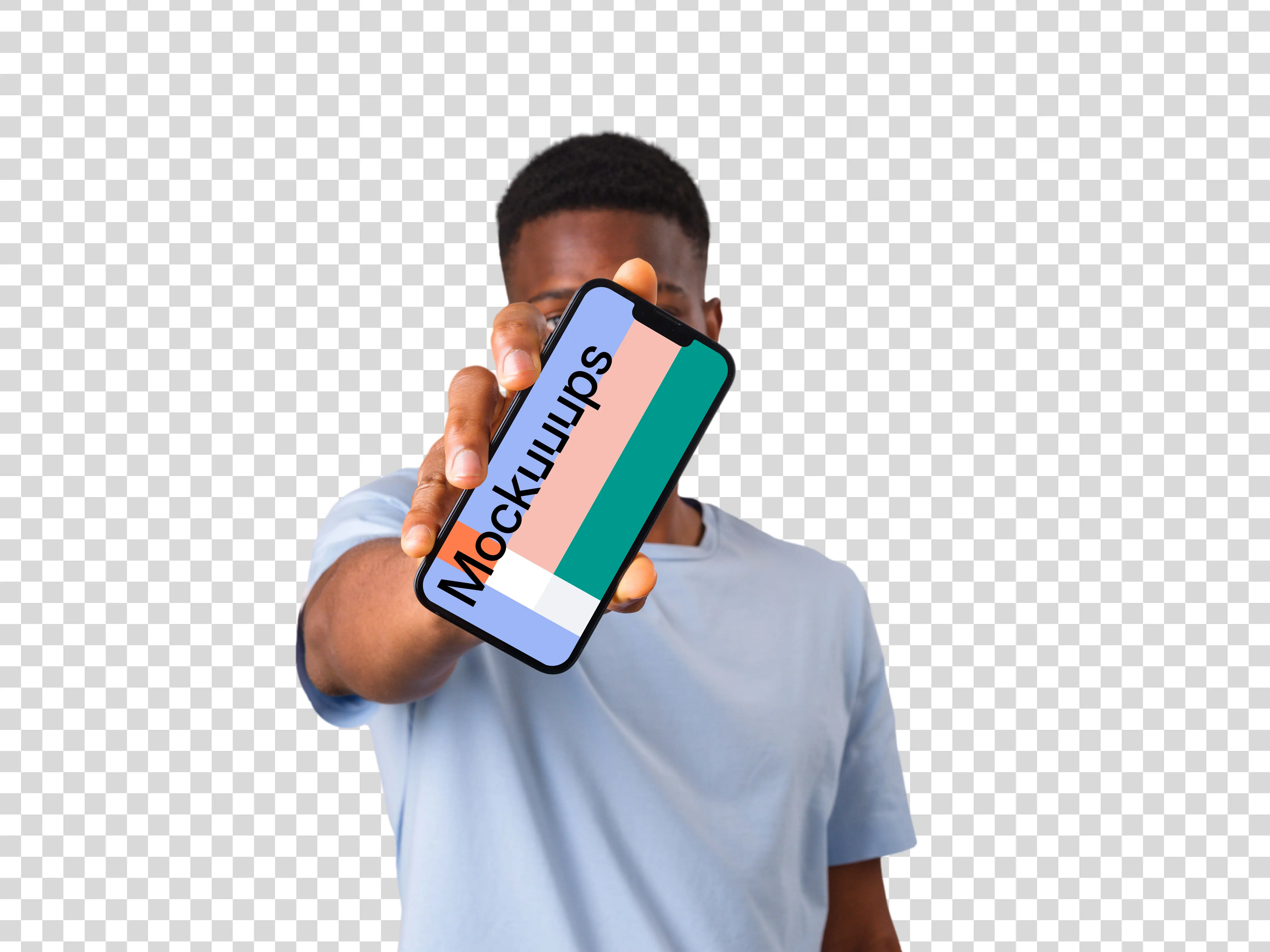 Man in shirt holding iPhone in front of his face