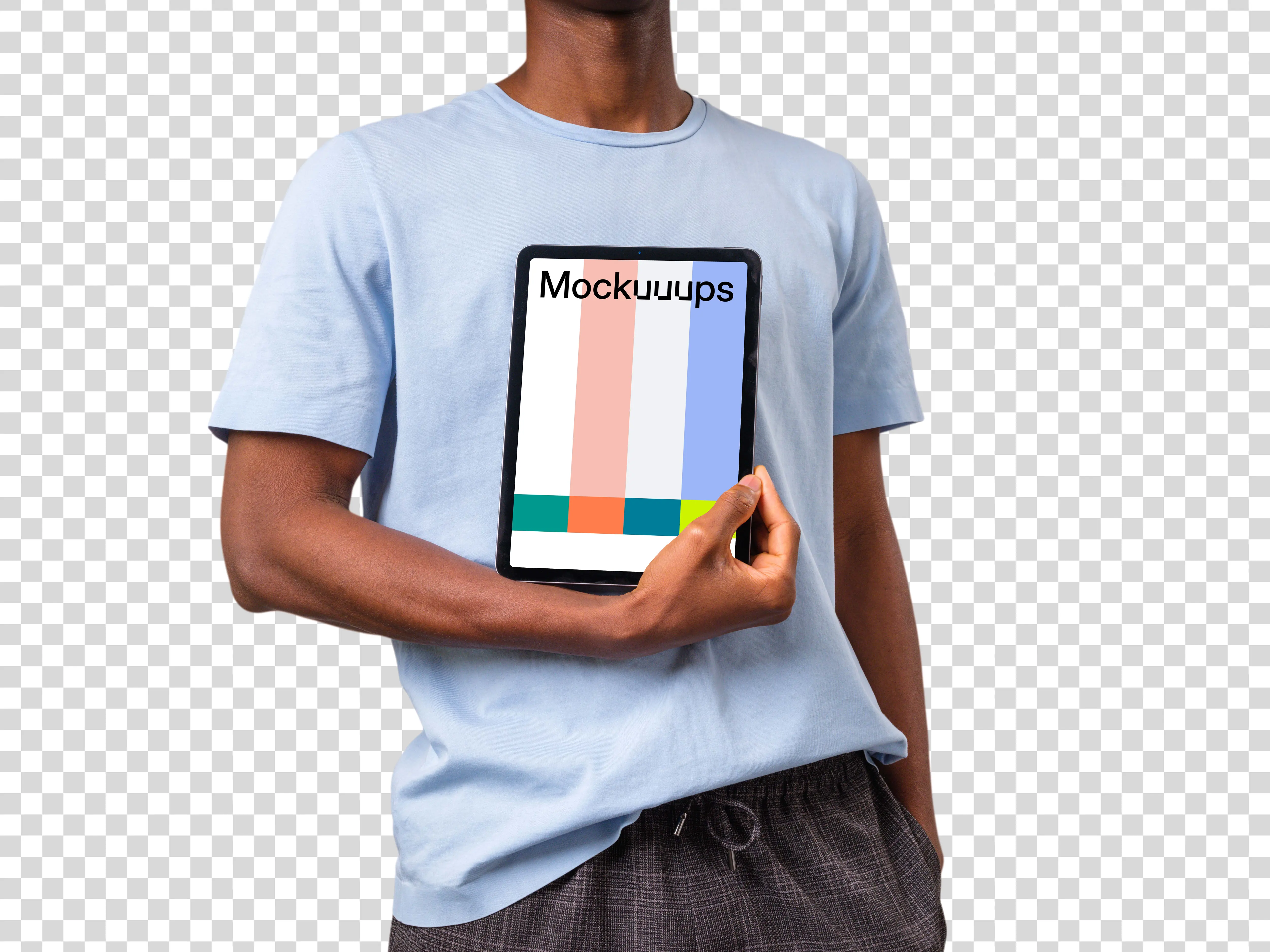 Man standing and holding iPad mockup