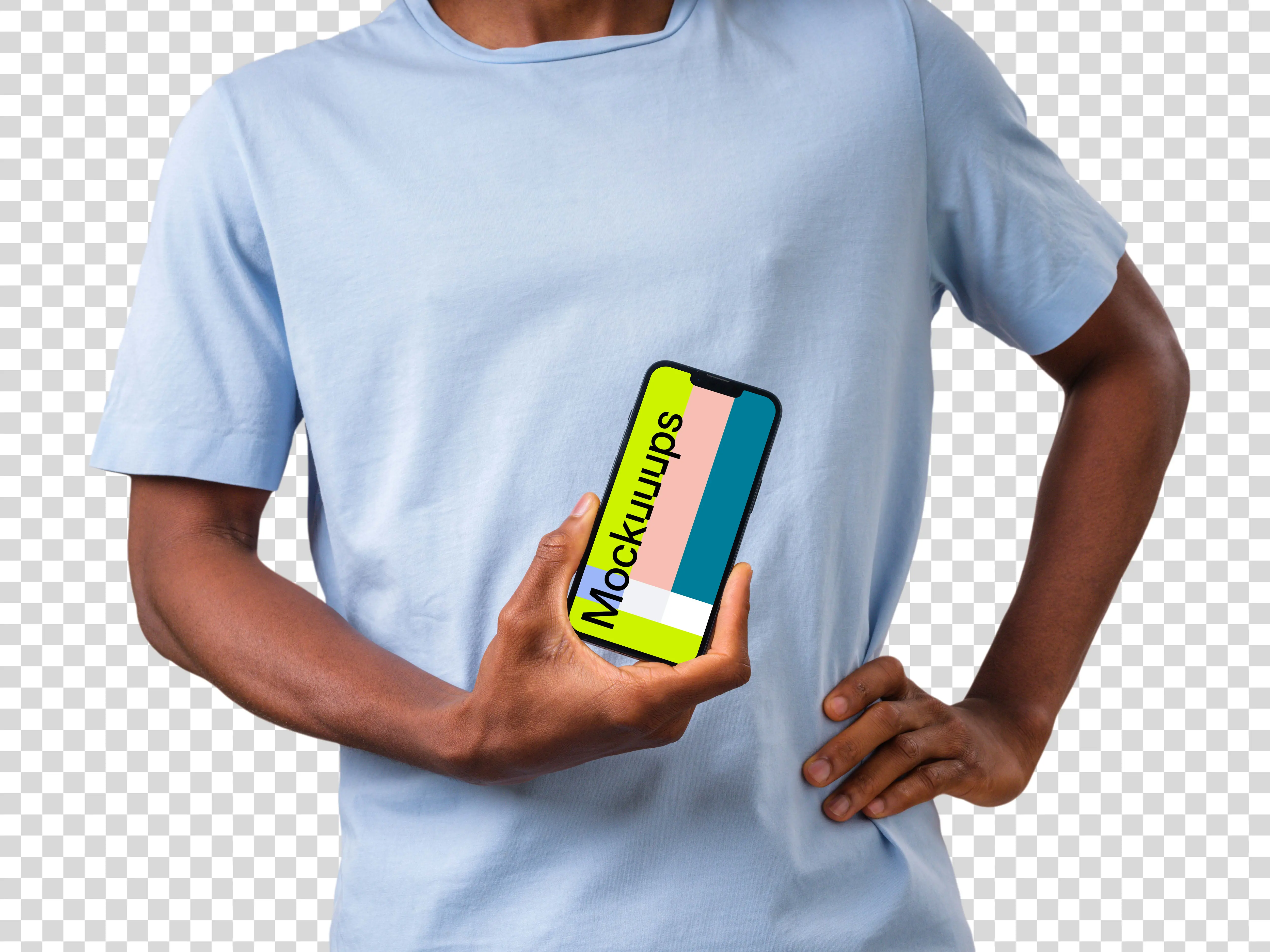 Man standing and holding iPhone mockup