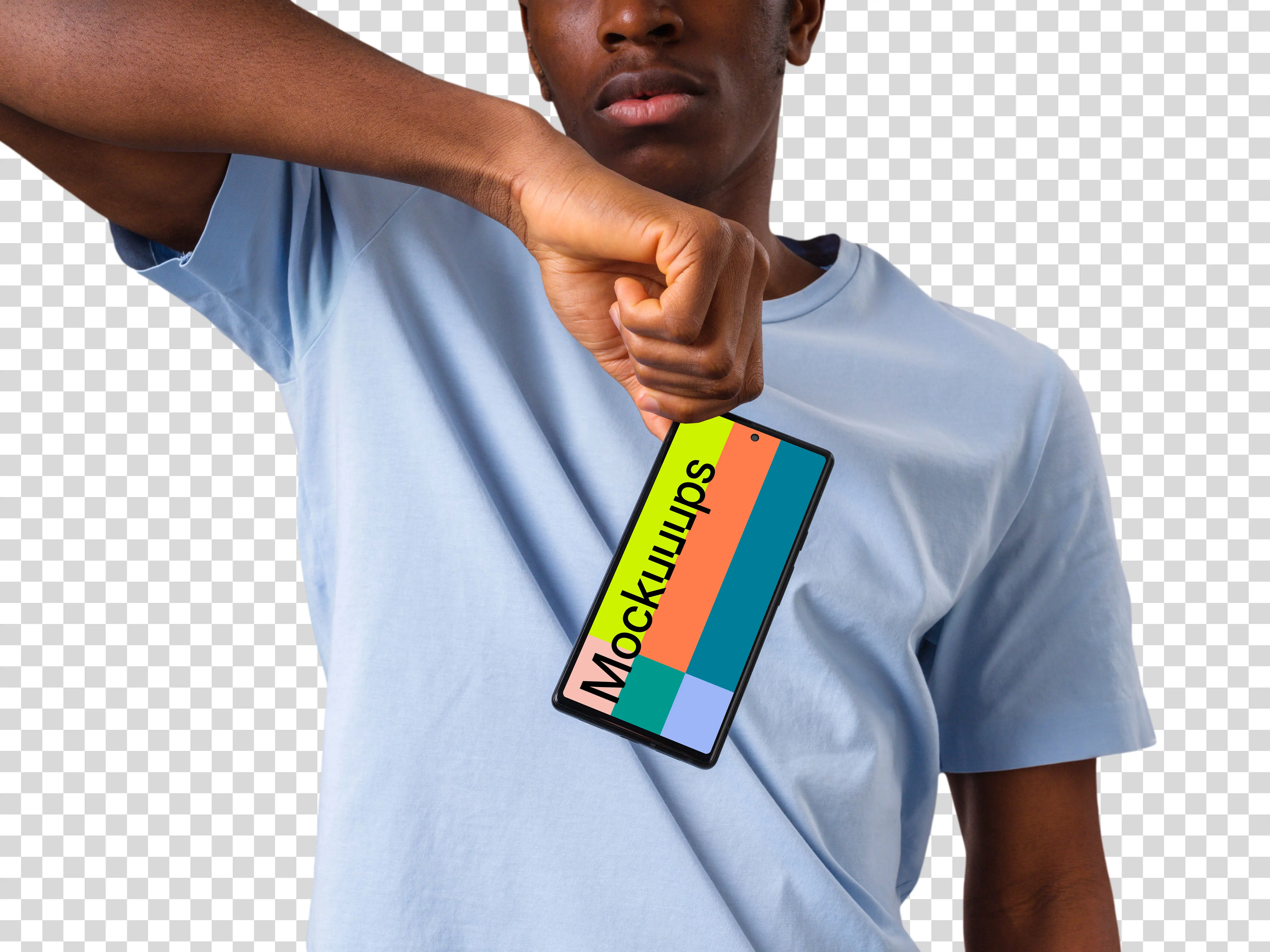 Man touching the top corner on the Google Pixel mockup