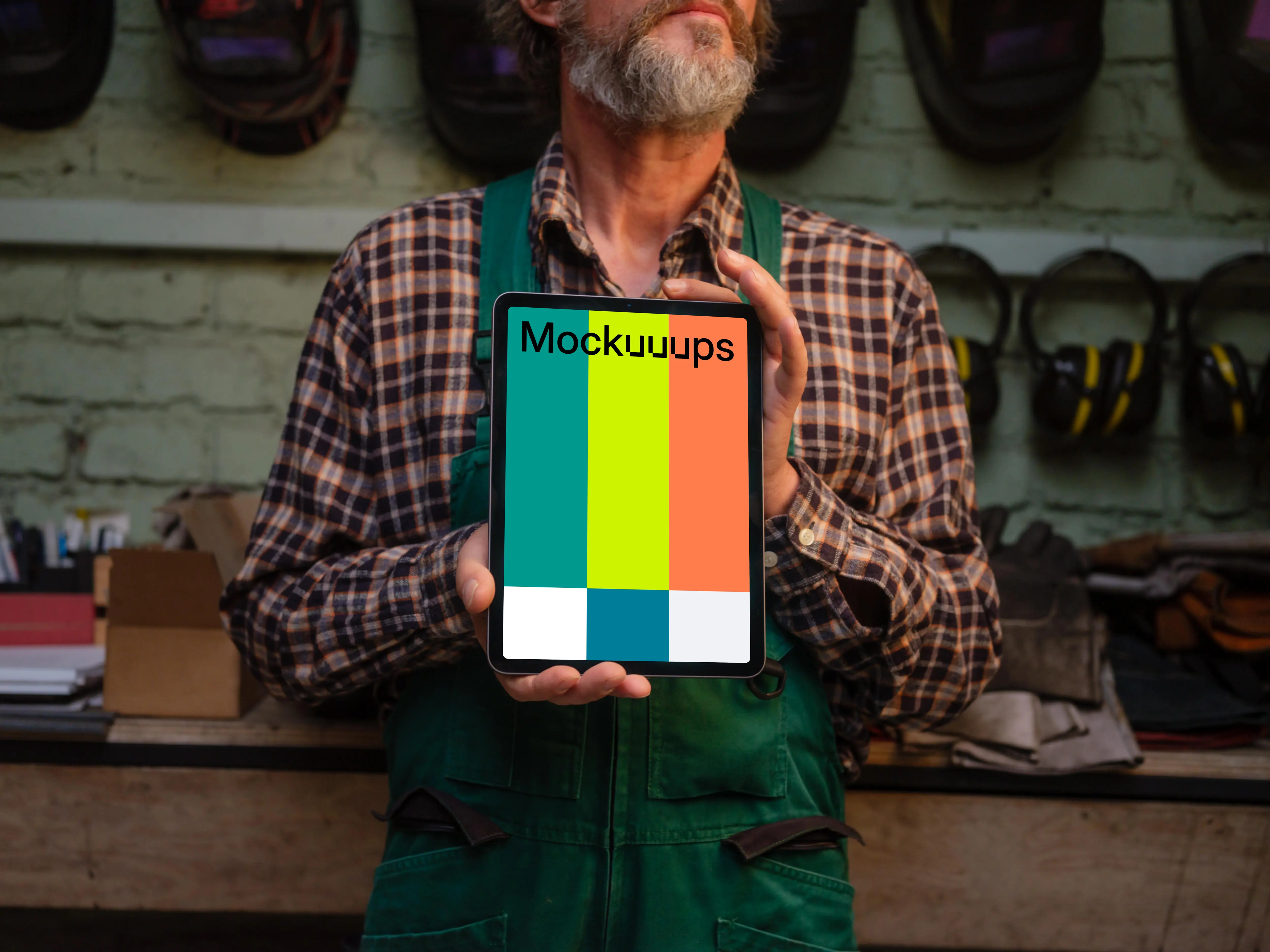 Mechanic holding an iPad mockup