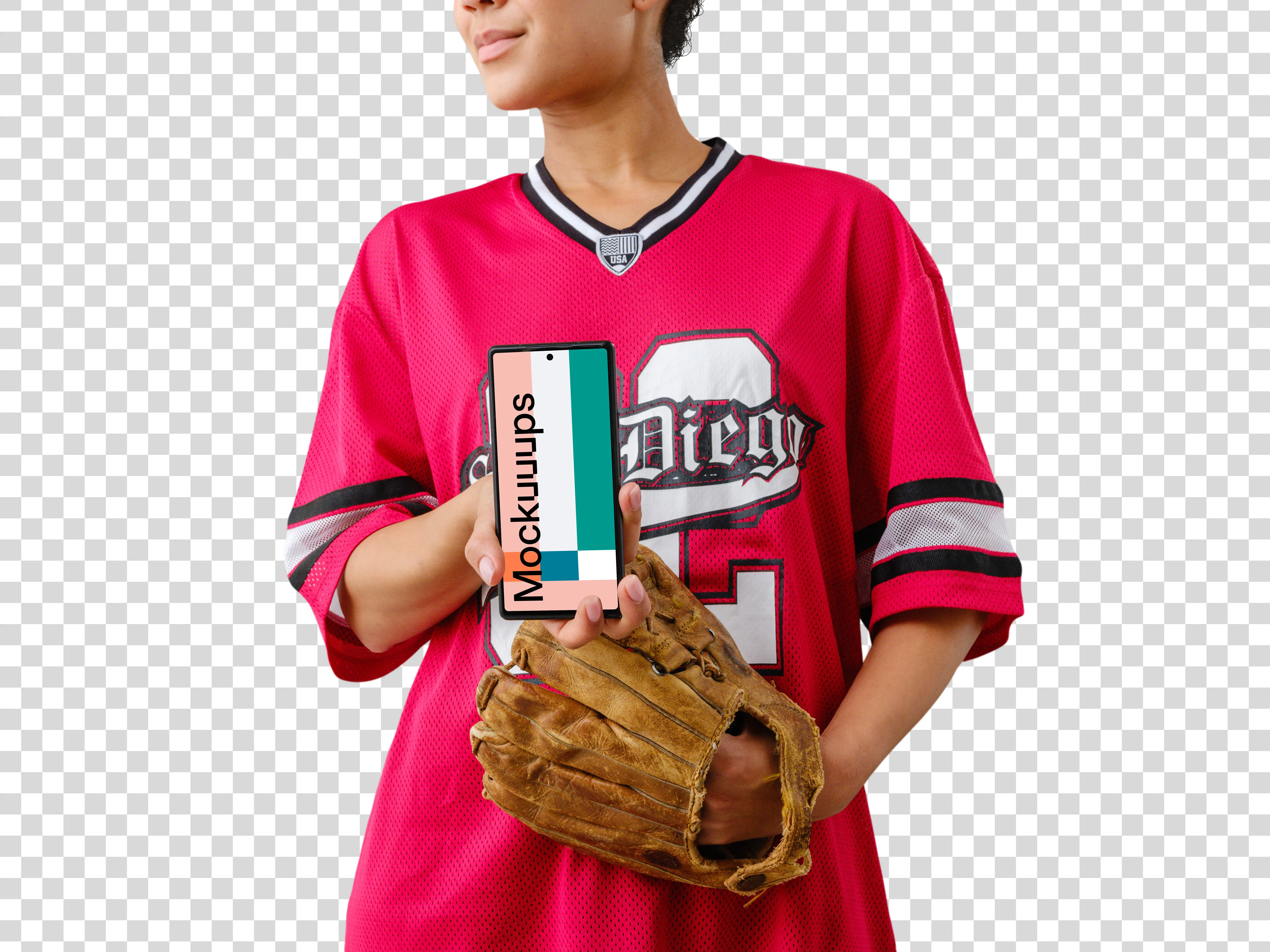 Member of the baseball team with a smartphone mockup
