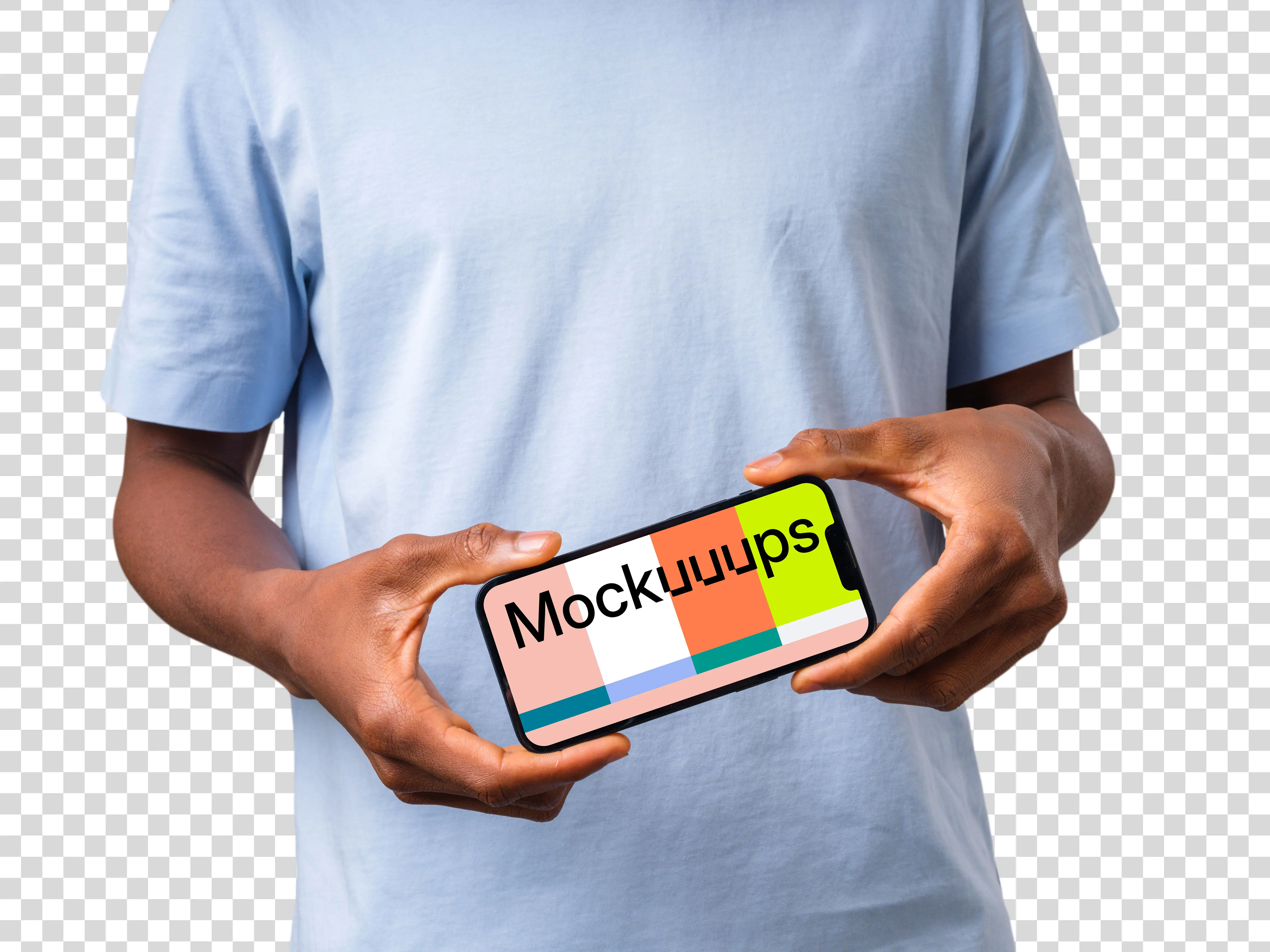 Mockup of a landscape iPhone held by man in light shirt