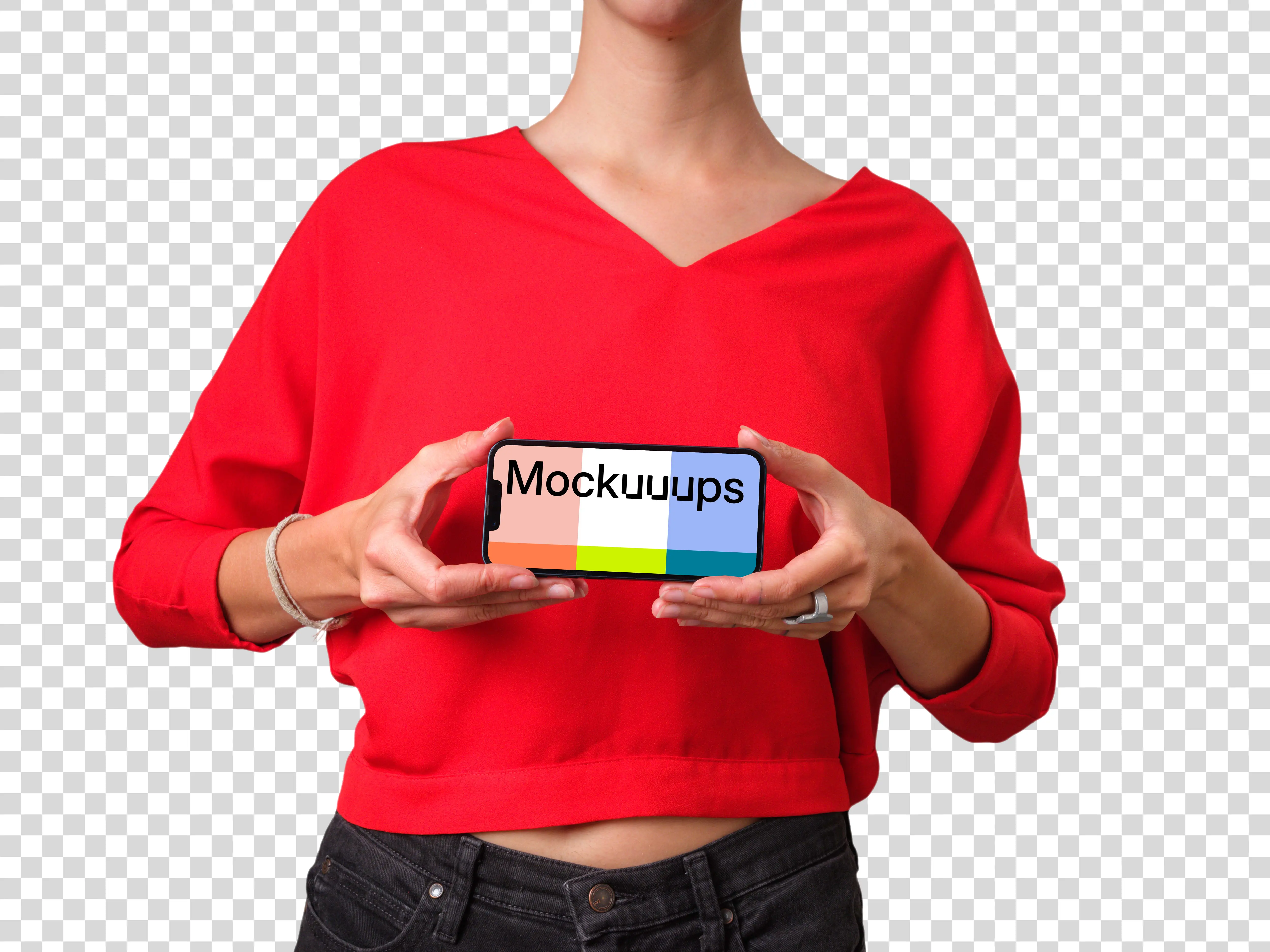 Mockup of a landscape iPhone held by woman in red shirt