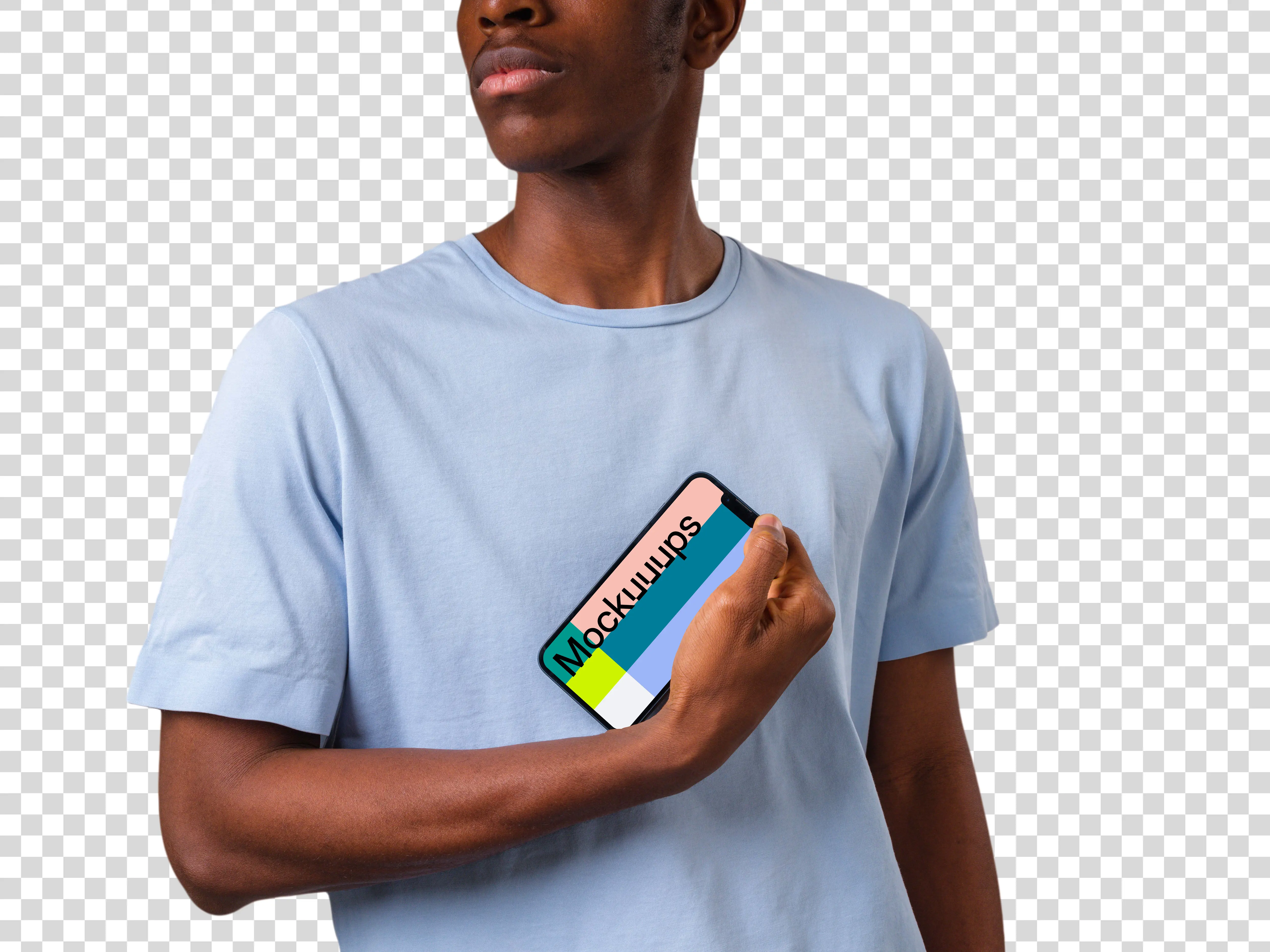 Mockup of a rotated iPhone mockup held by man in light shirt