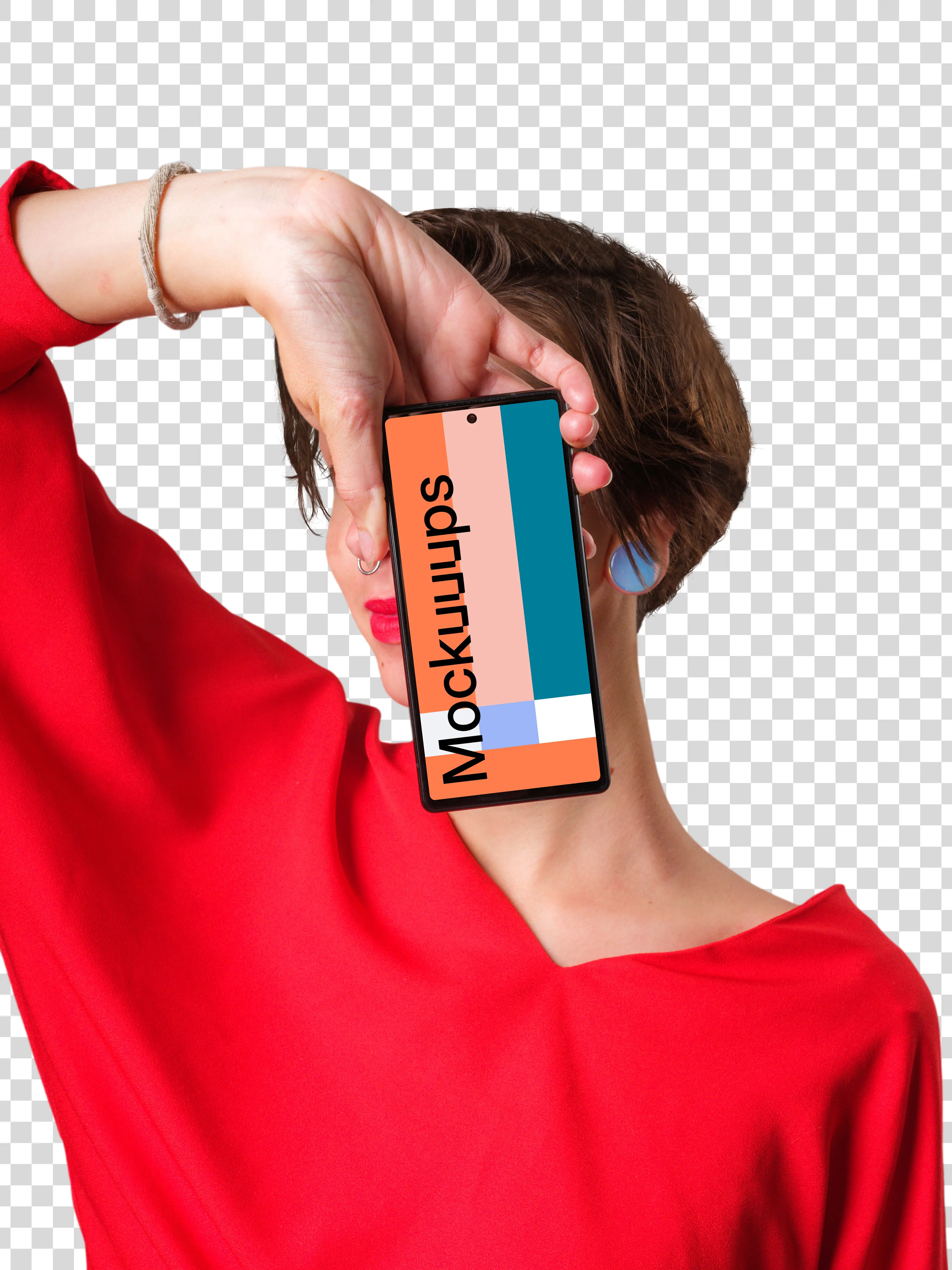 Mockup of Google Pixel next to the woman's face