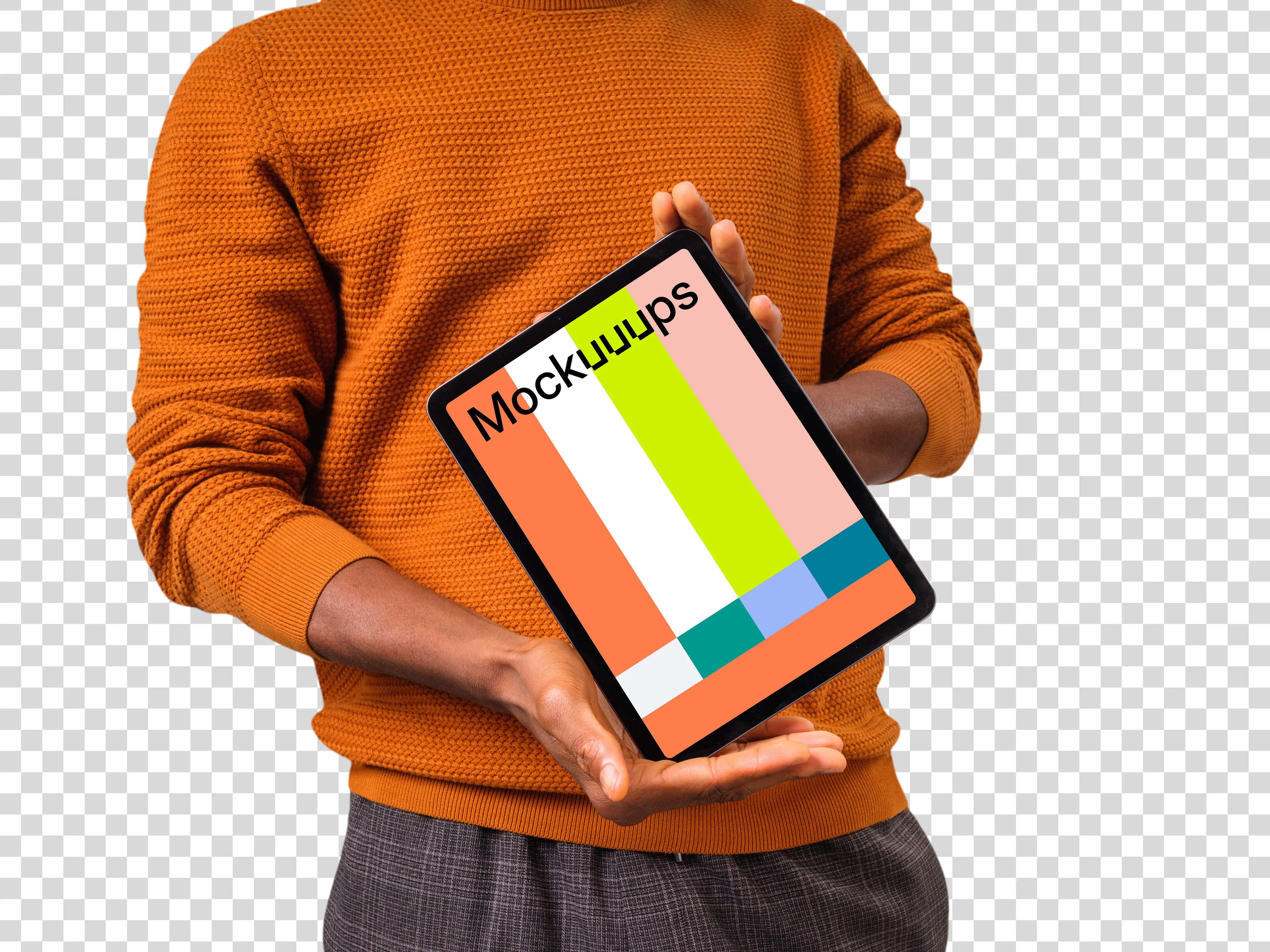 Mockup of iPad held by man in orange sweater