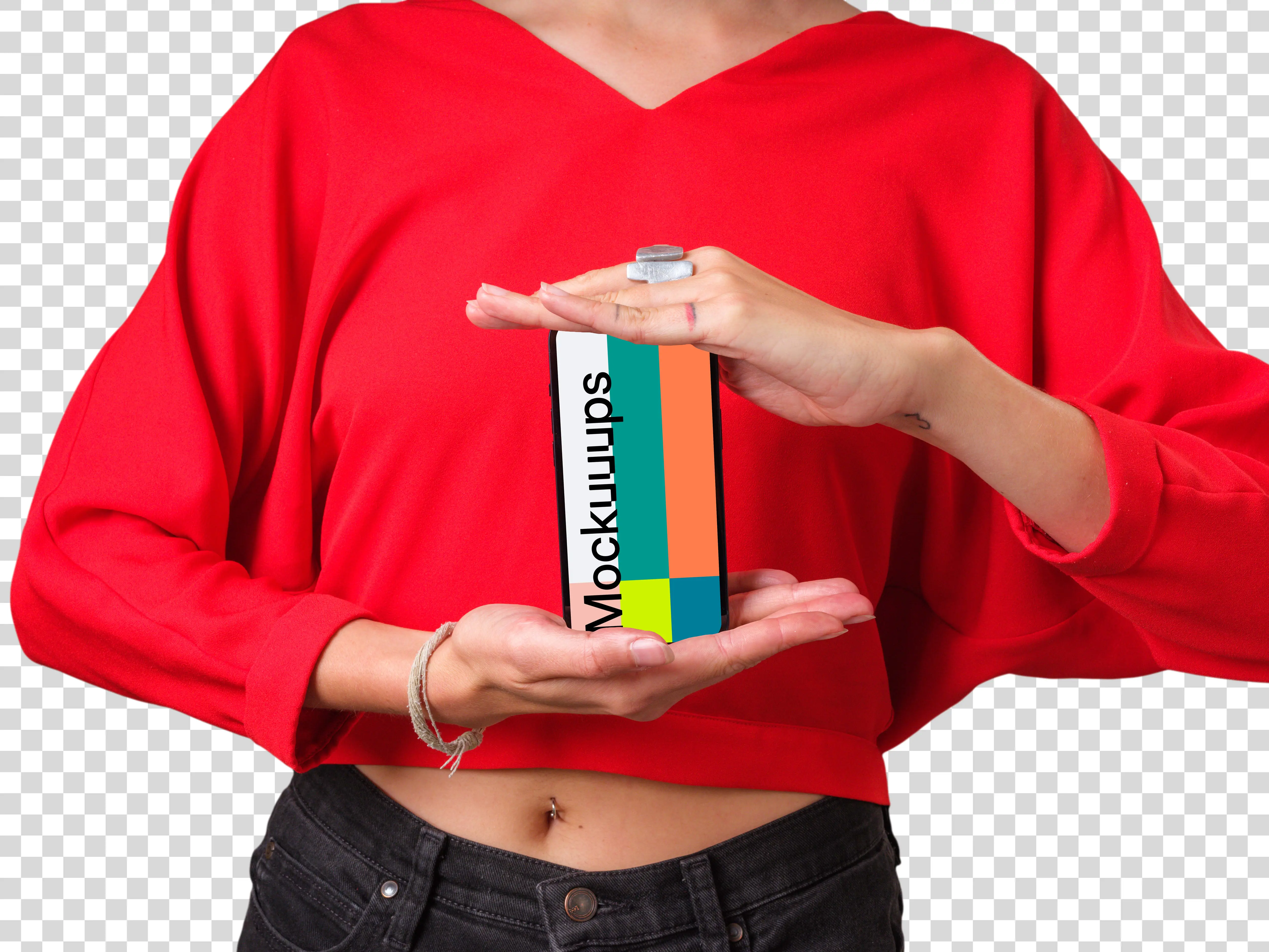 Mockup of iPhone held by woman in red shirt