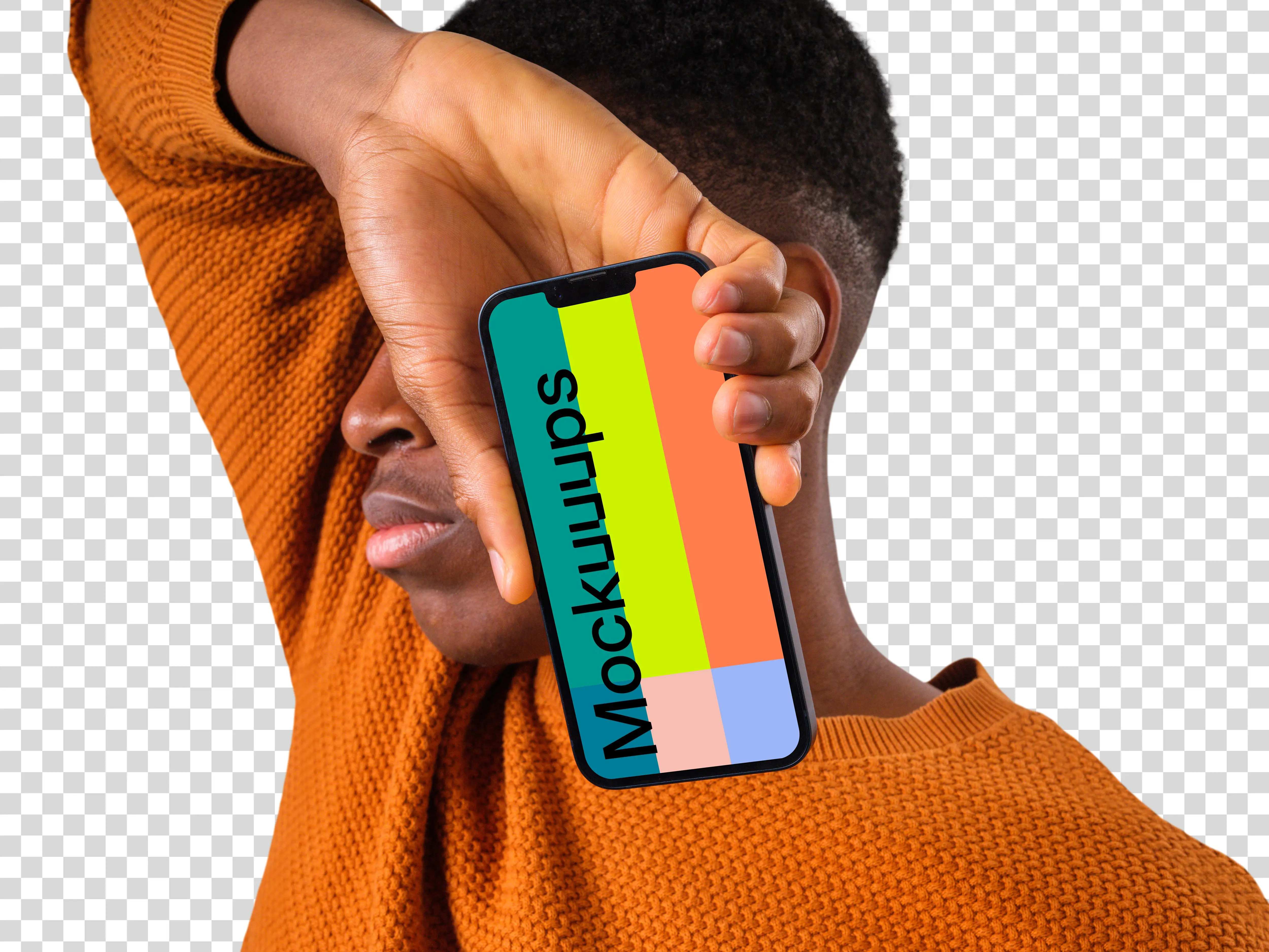 Mockup of iPhone next to the man's face