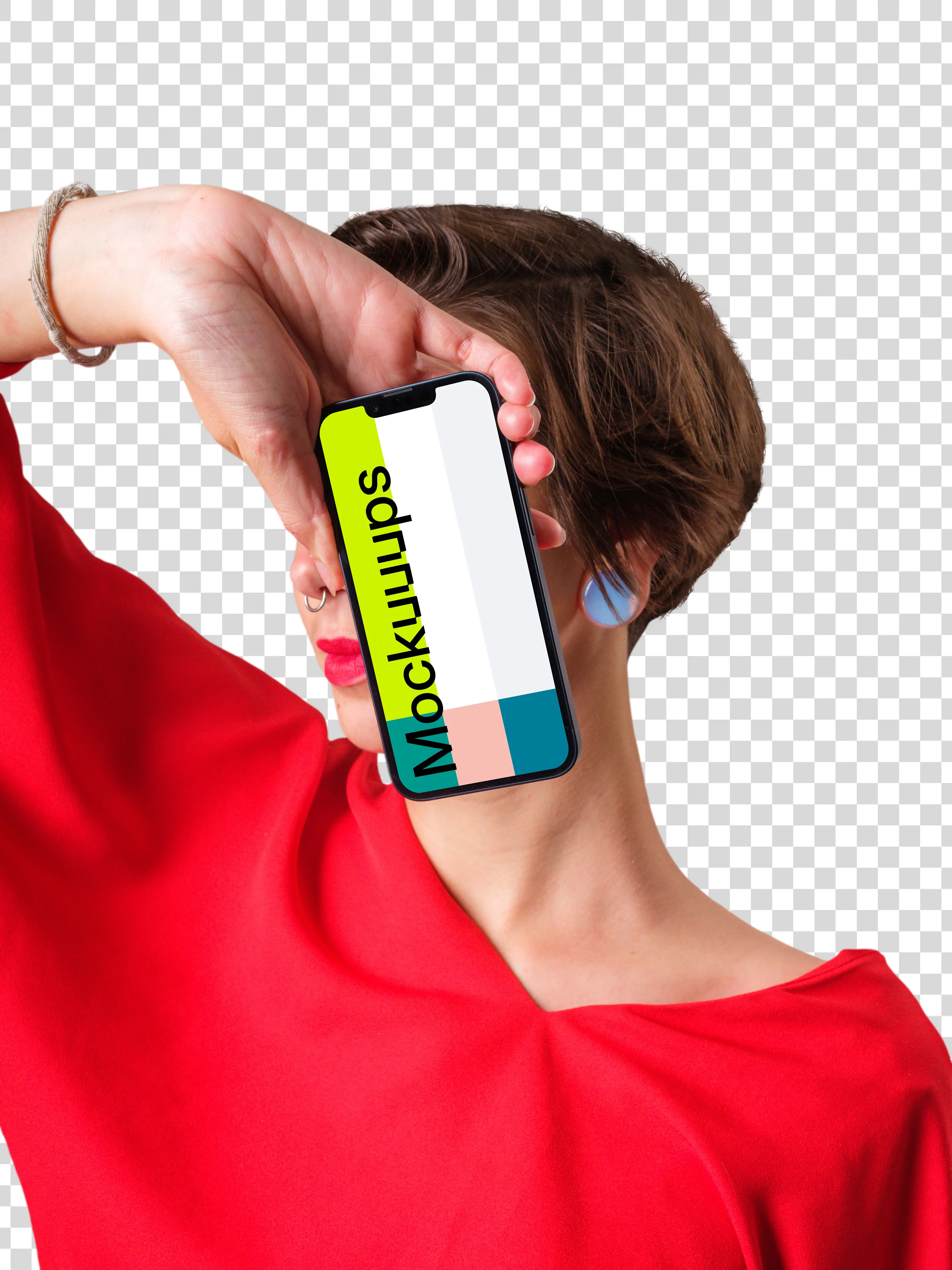 Mockup of iPhone next to the woman's face