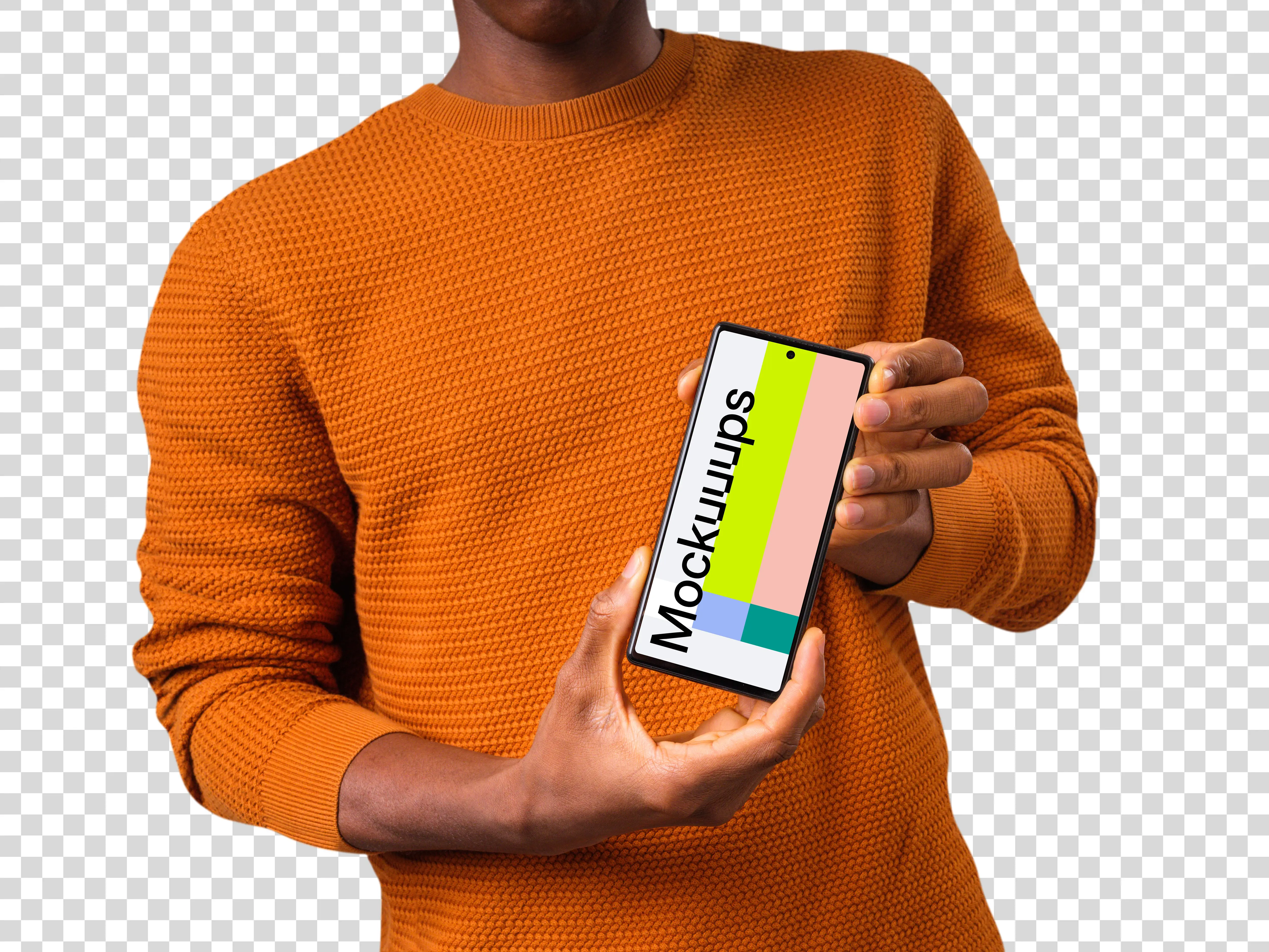 Mockup of man in orange sweater holding Google Pixel mockup