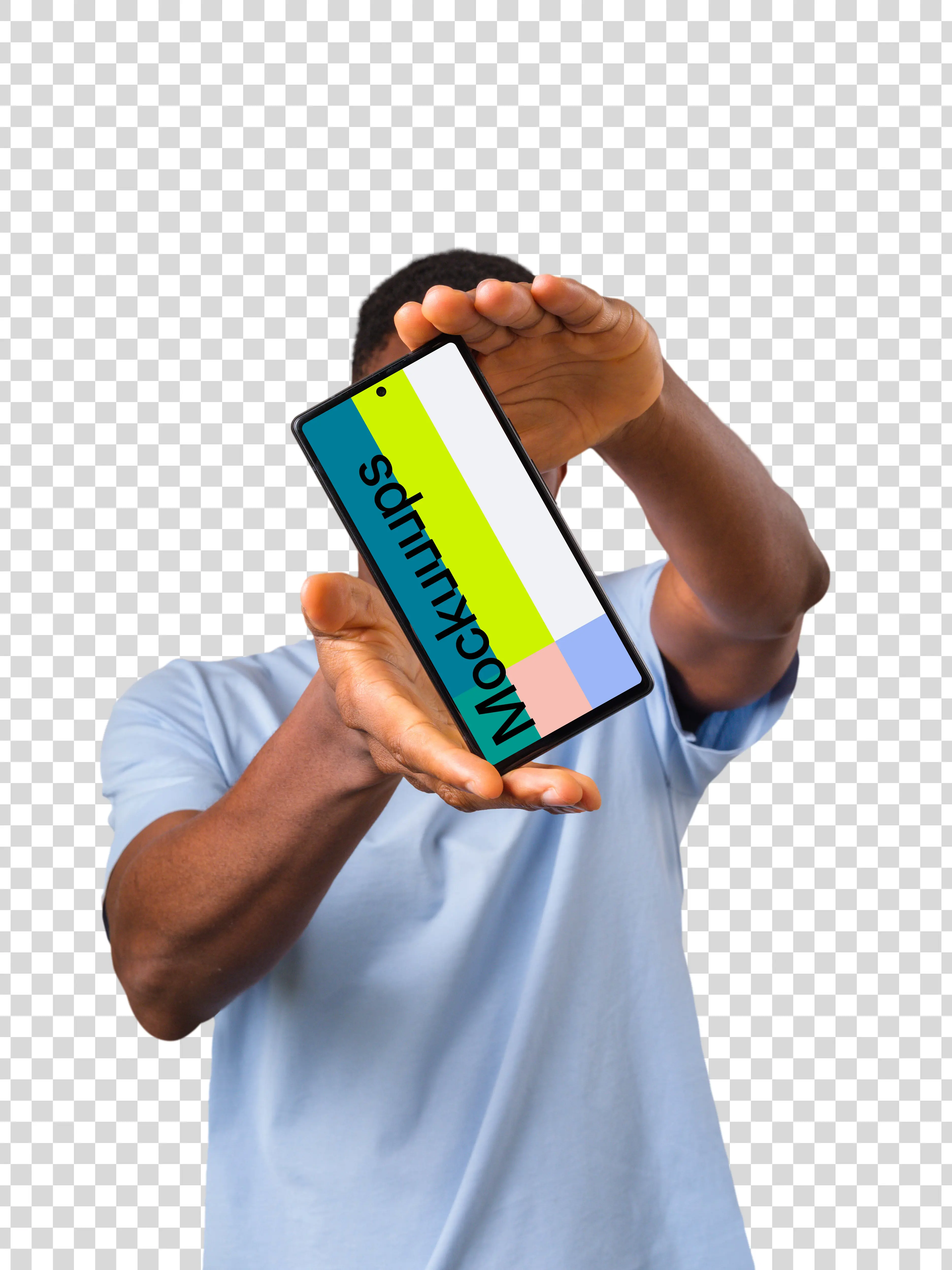 Mockup of rotated Google Pixel held by man in light shirt