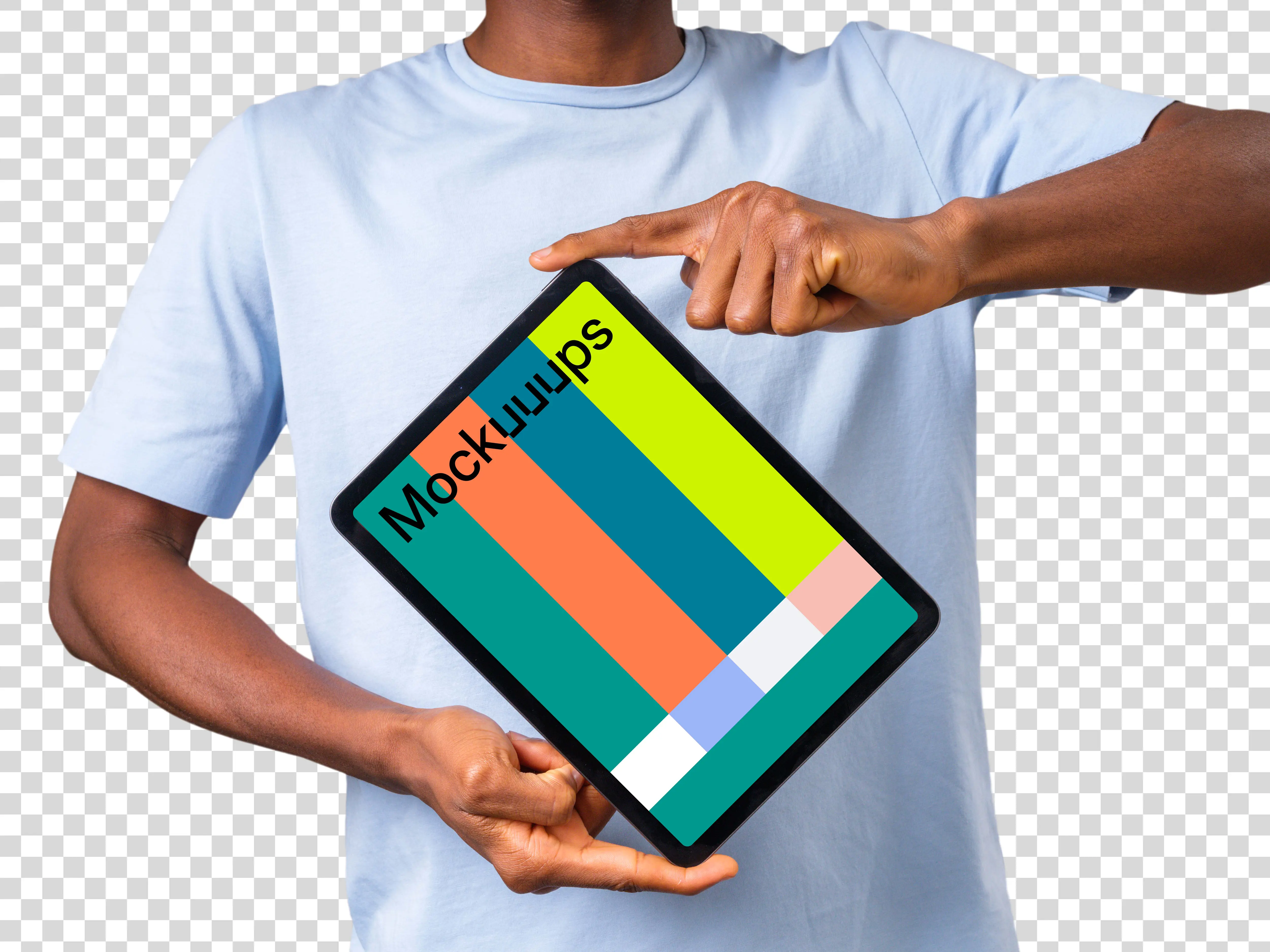 Mockup of rotated iPad mockup touching by fingers