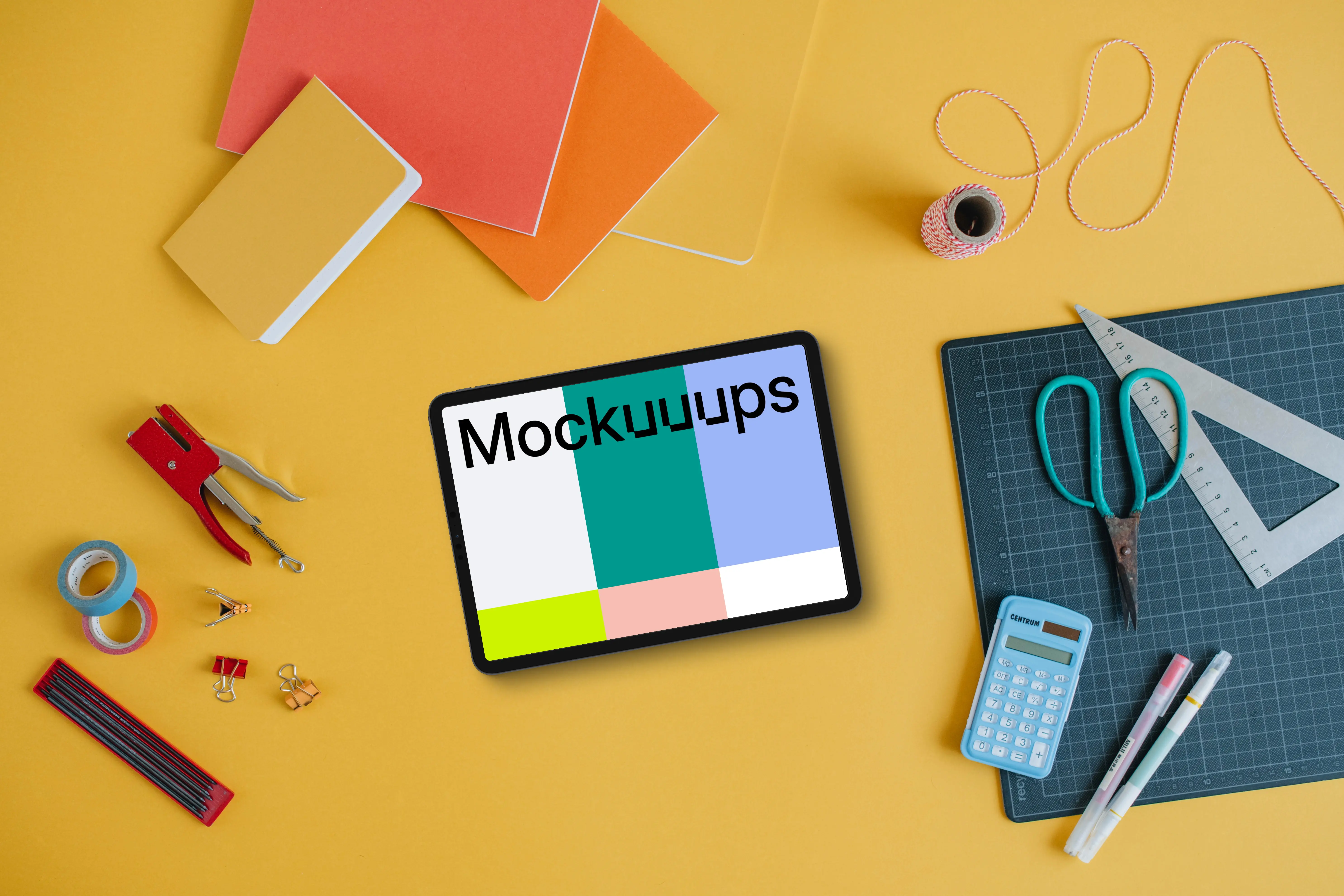 Mockup of tablet placed on the yellow background