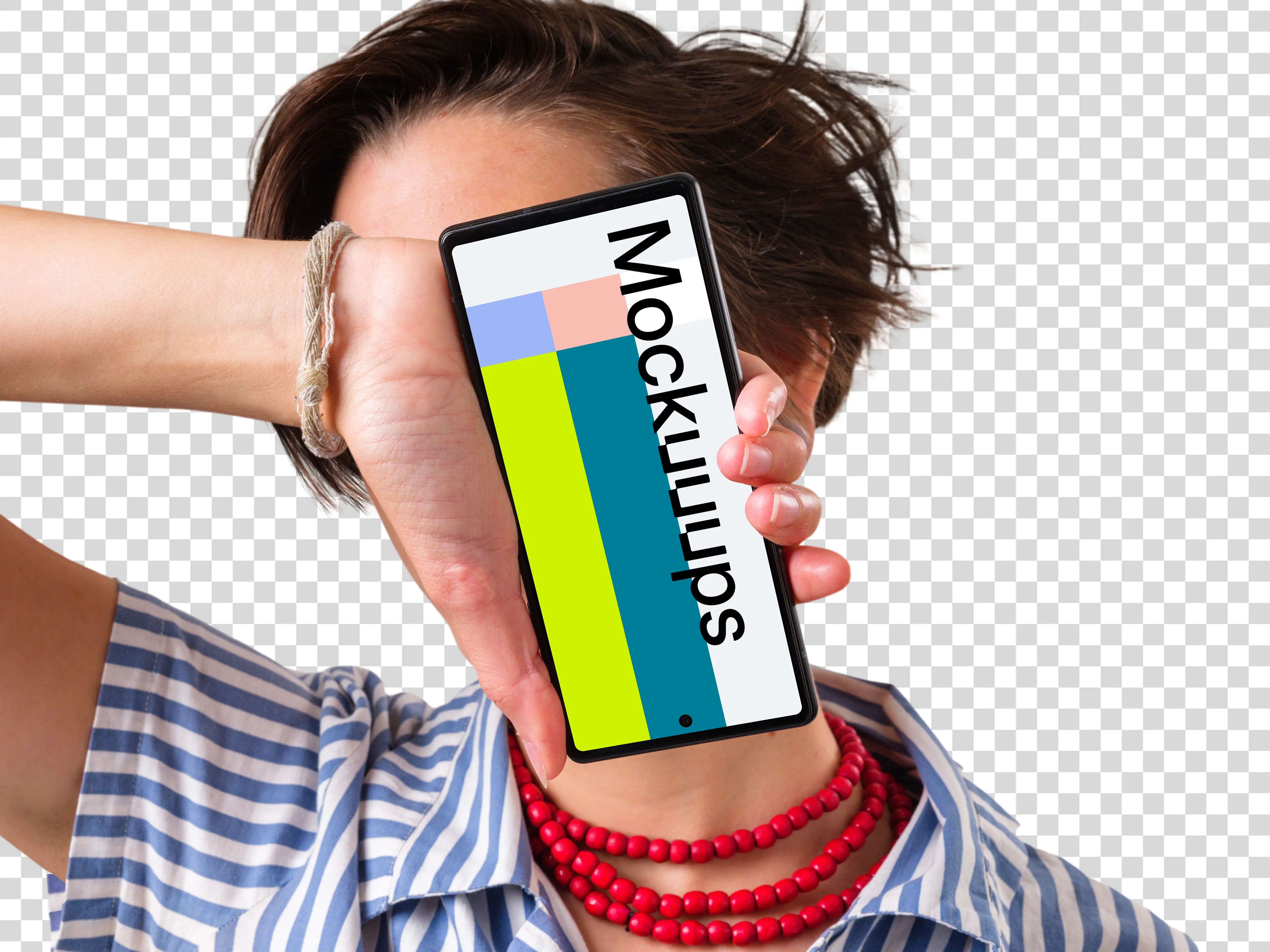 Mockup of upside-down Google Pixel next to the woman's face