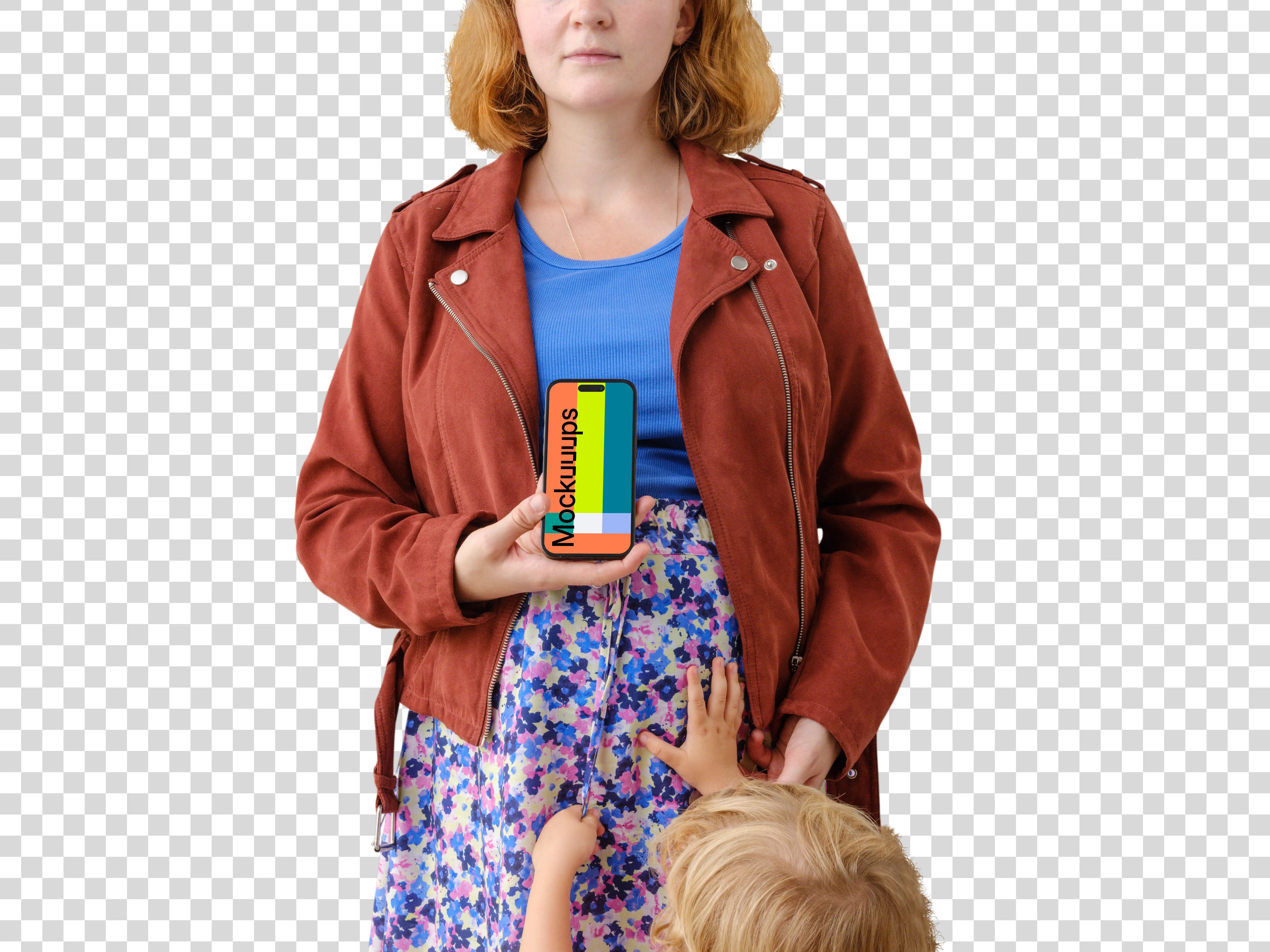 Mother and child moment with an iPhone 14 Pro mockup