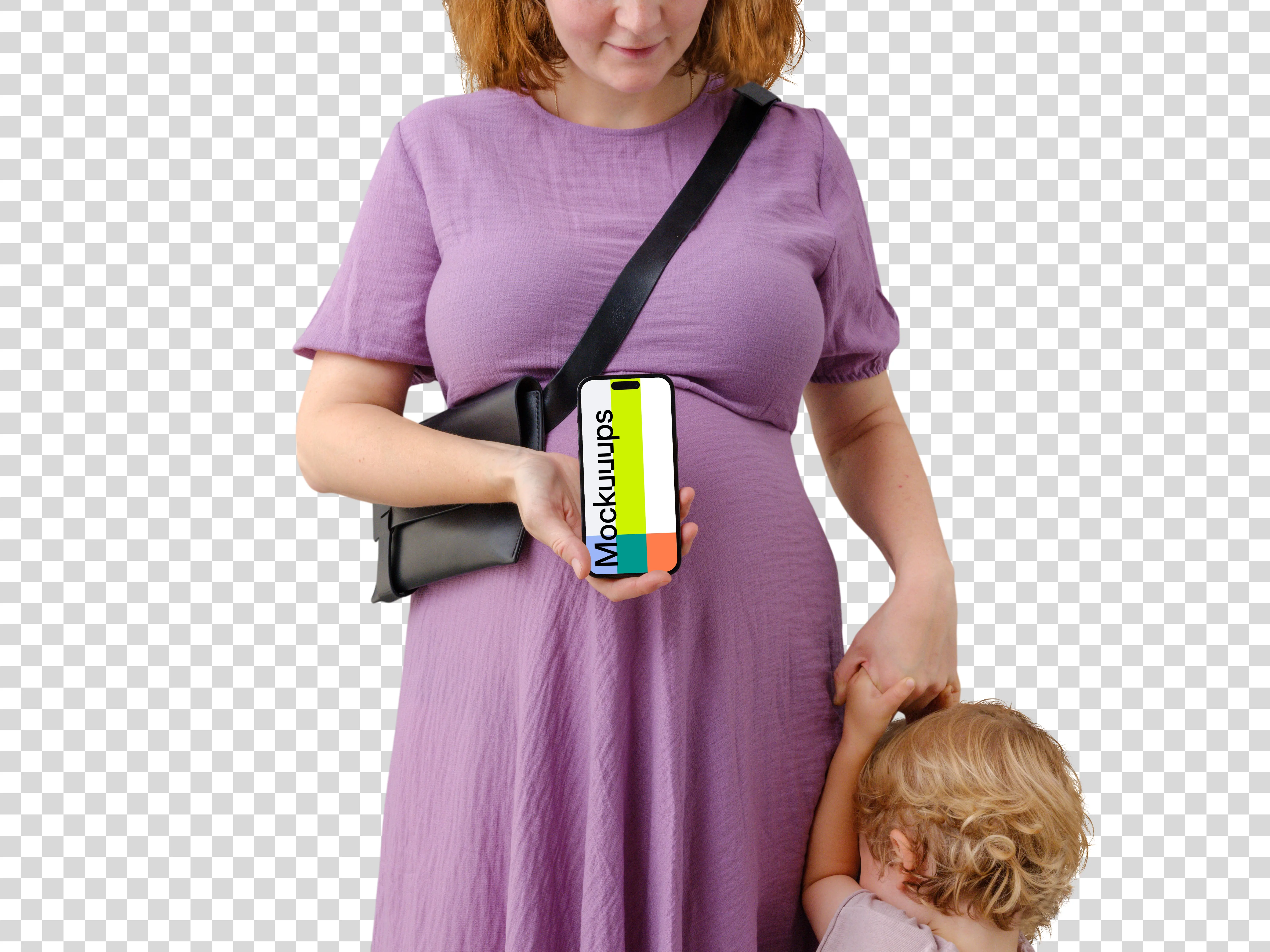 Mother with a child and an iPhone mockup