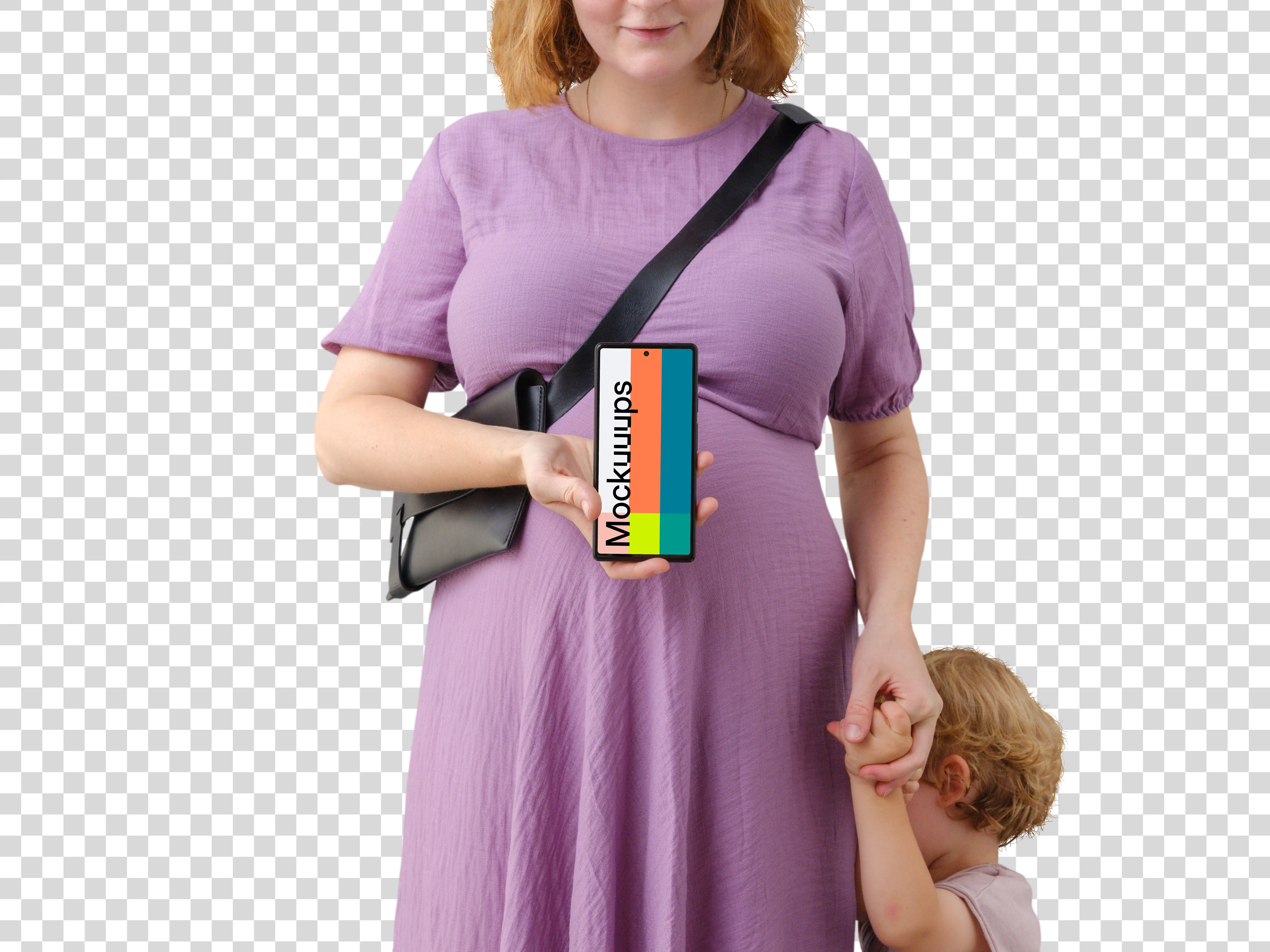 Mother with a child, while holding a phone mockup