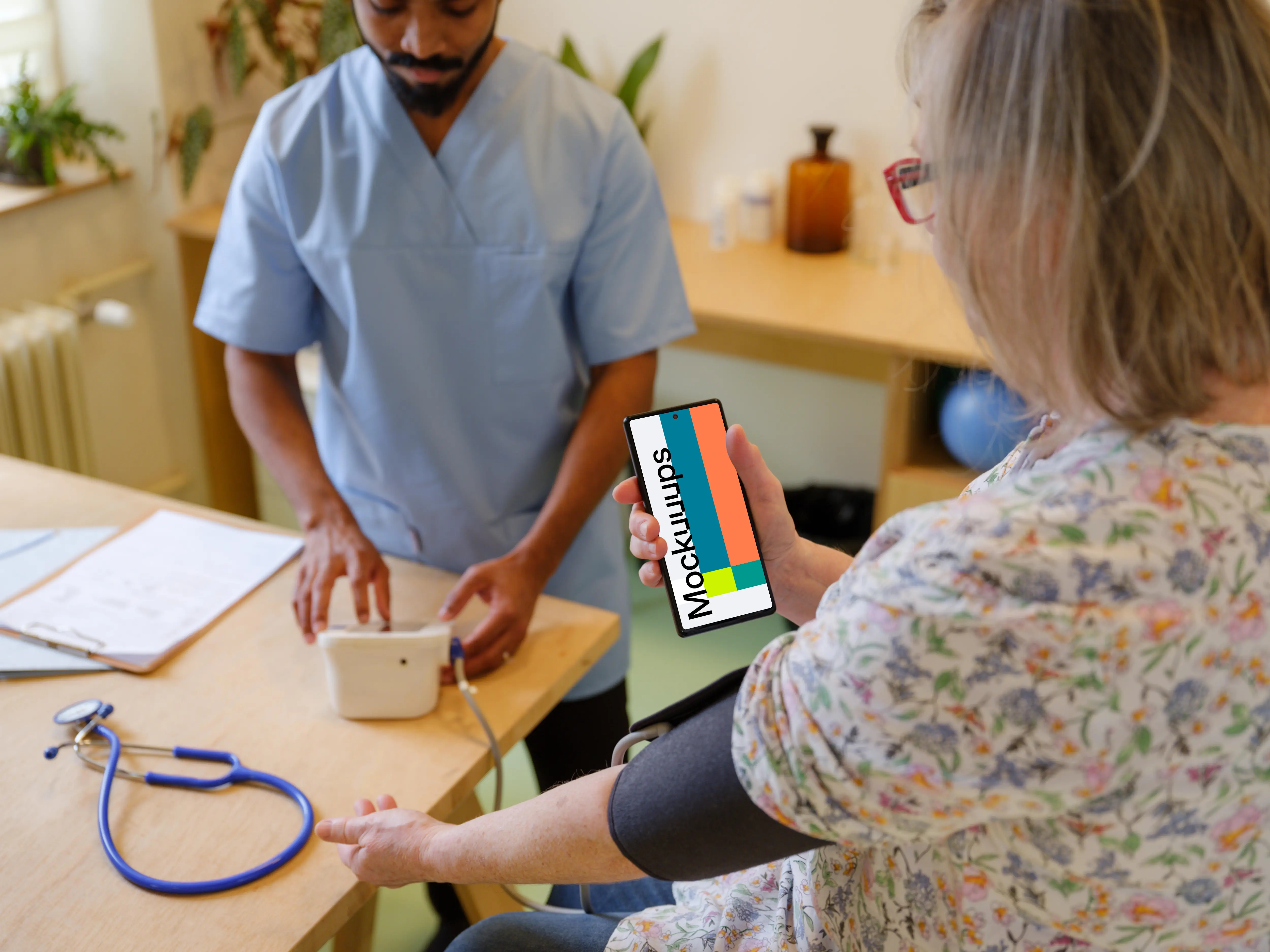 Patient holding a Google Pixel mockup