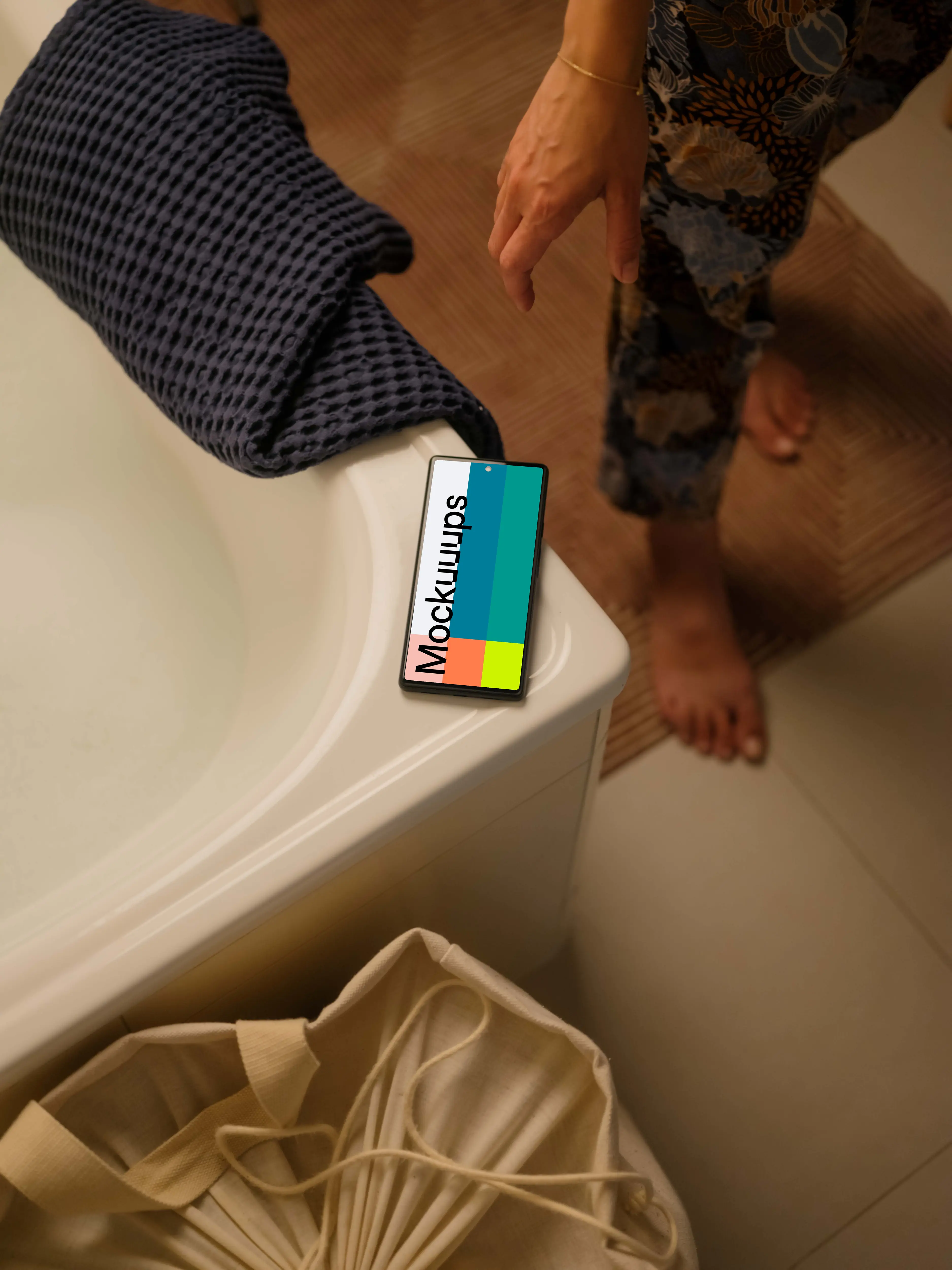 Person standing next to Google Pixel mockup