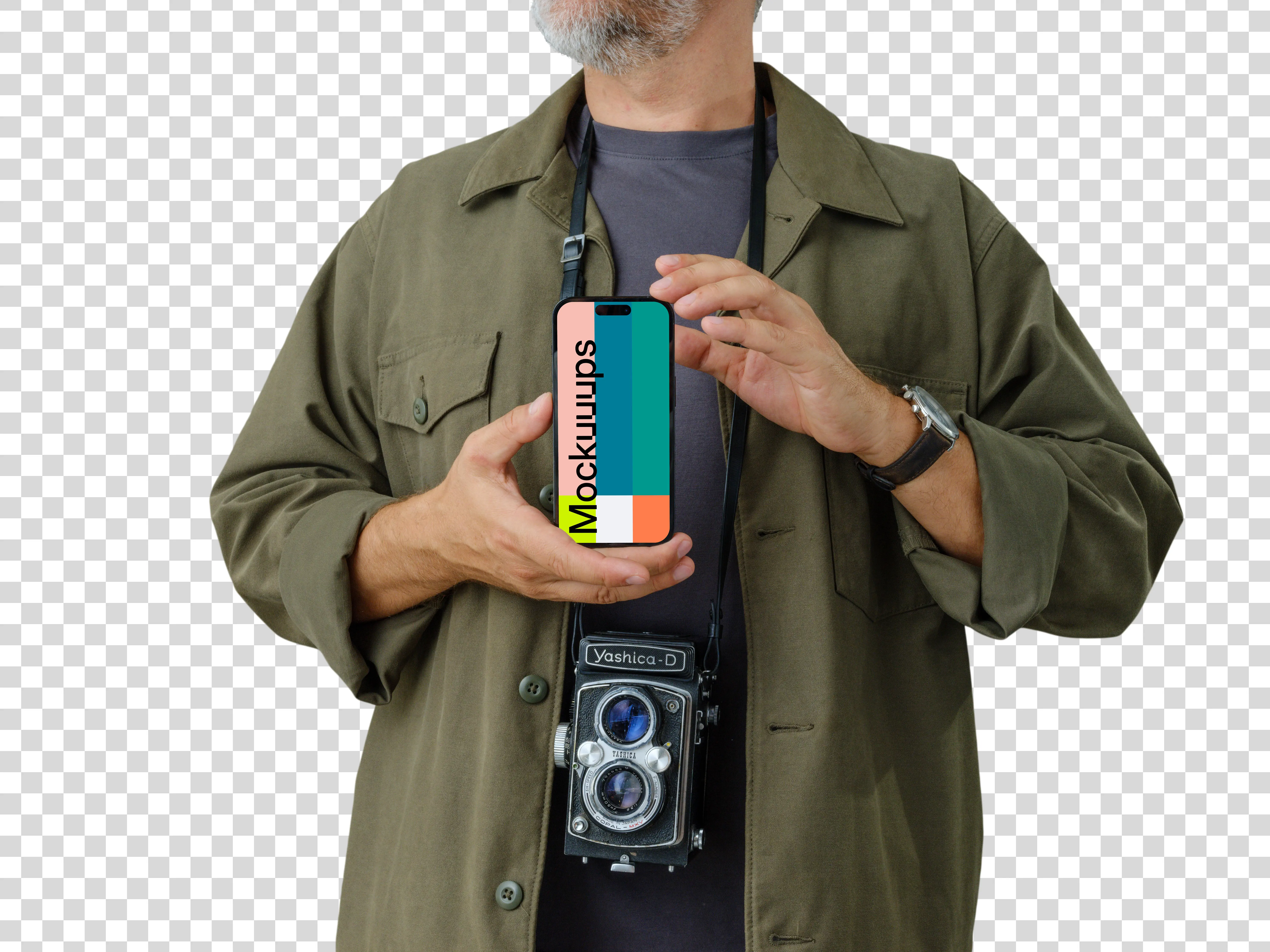 Photographer holding an iPhone 14 Pro mockup