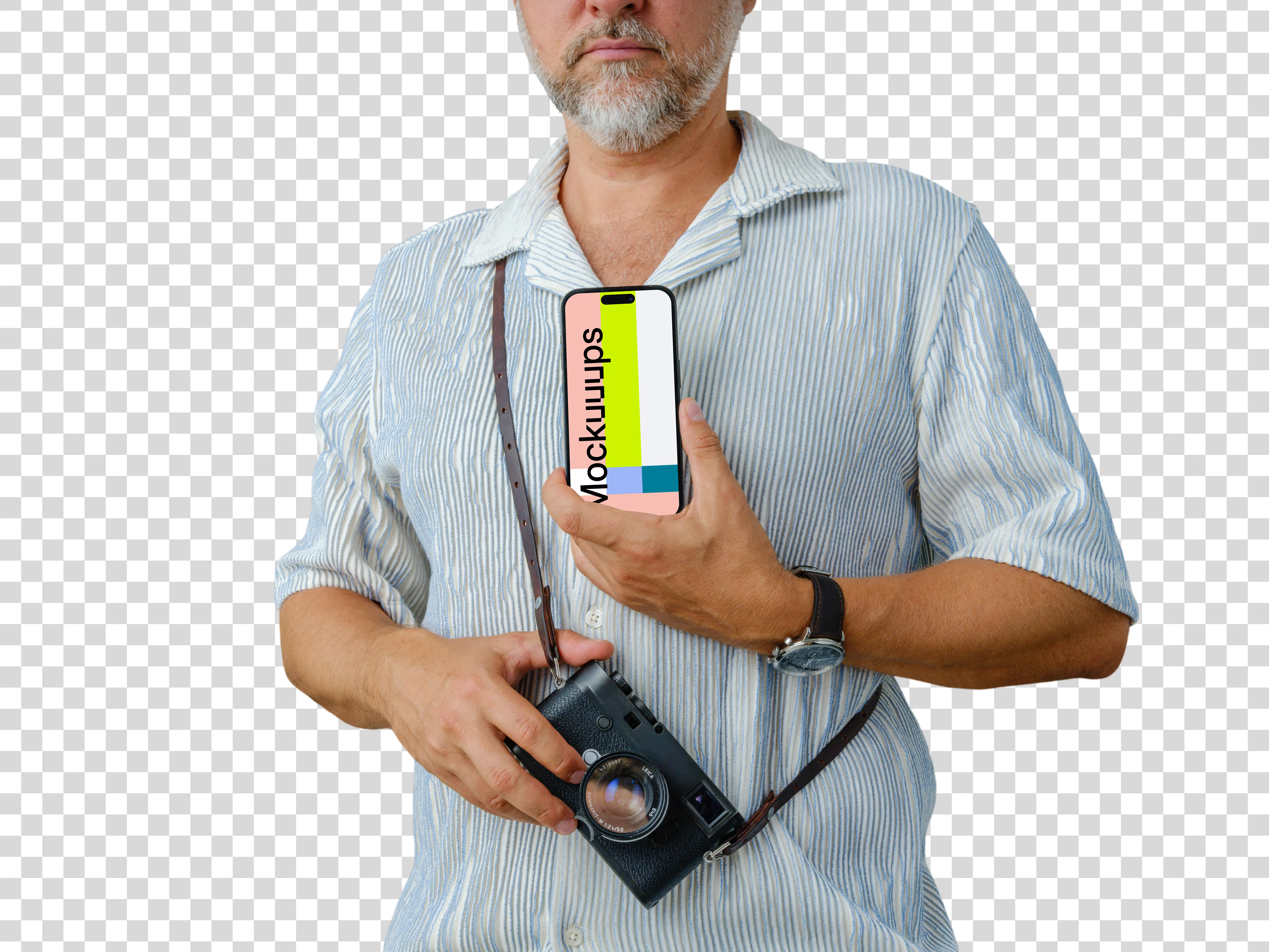 Picture taker holding an iPhone mockup