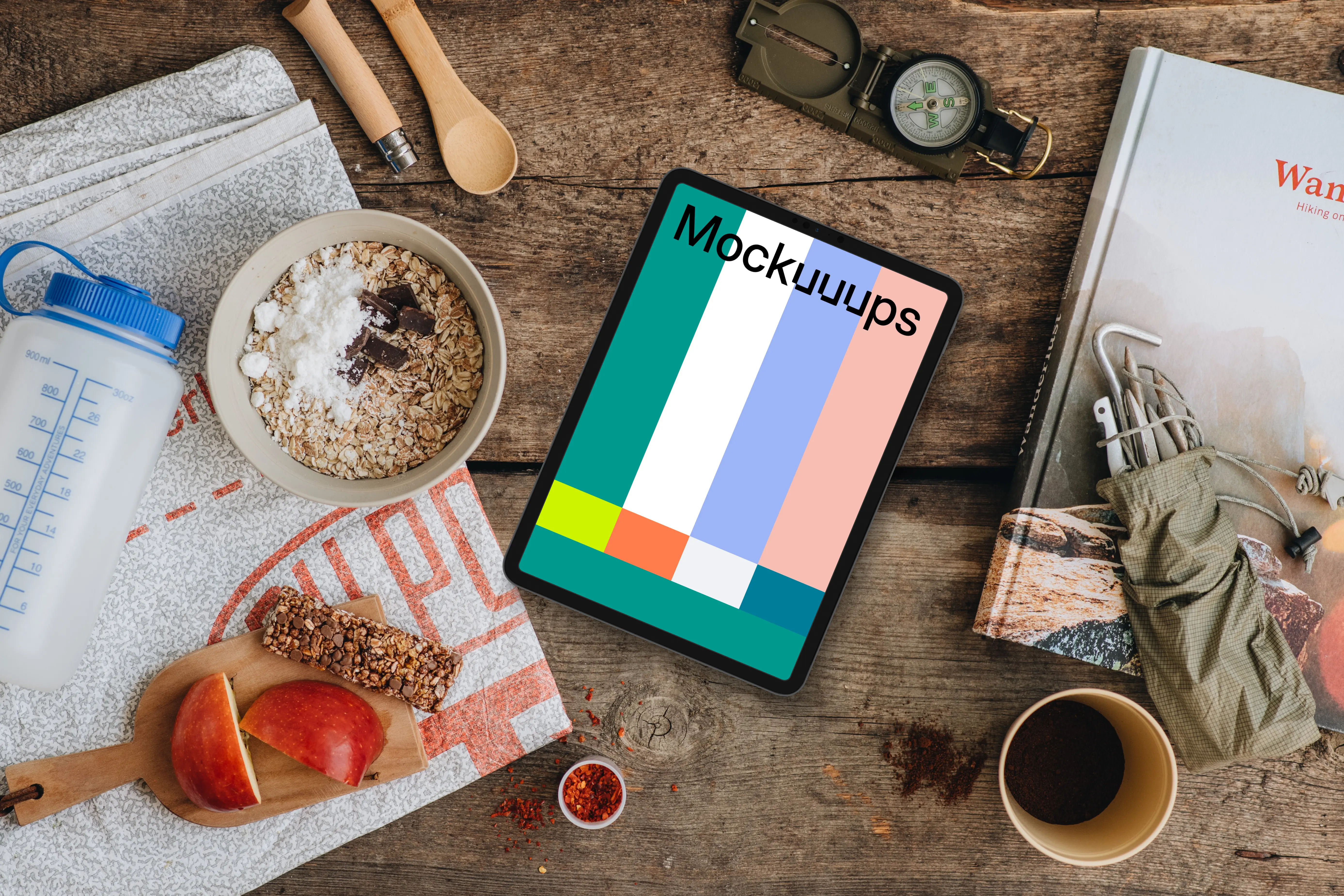 Quick snack with tablet mockup before heading on an adventure