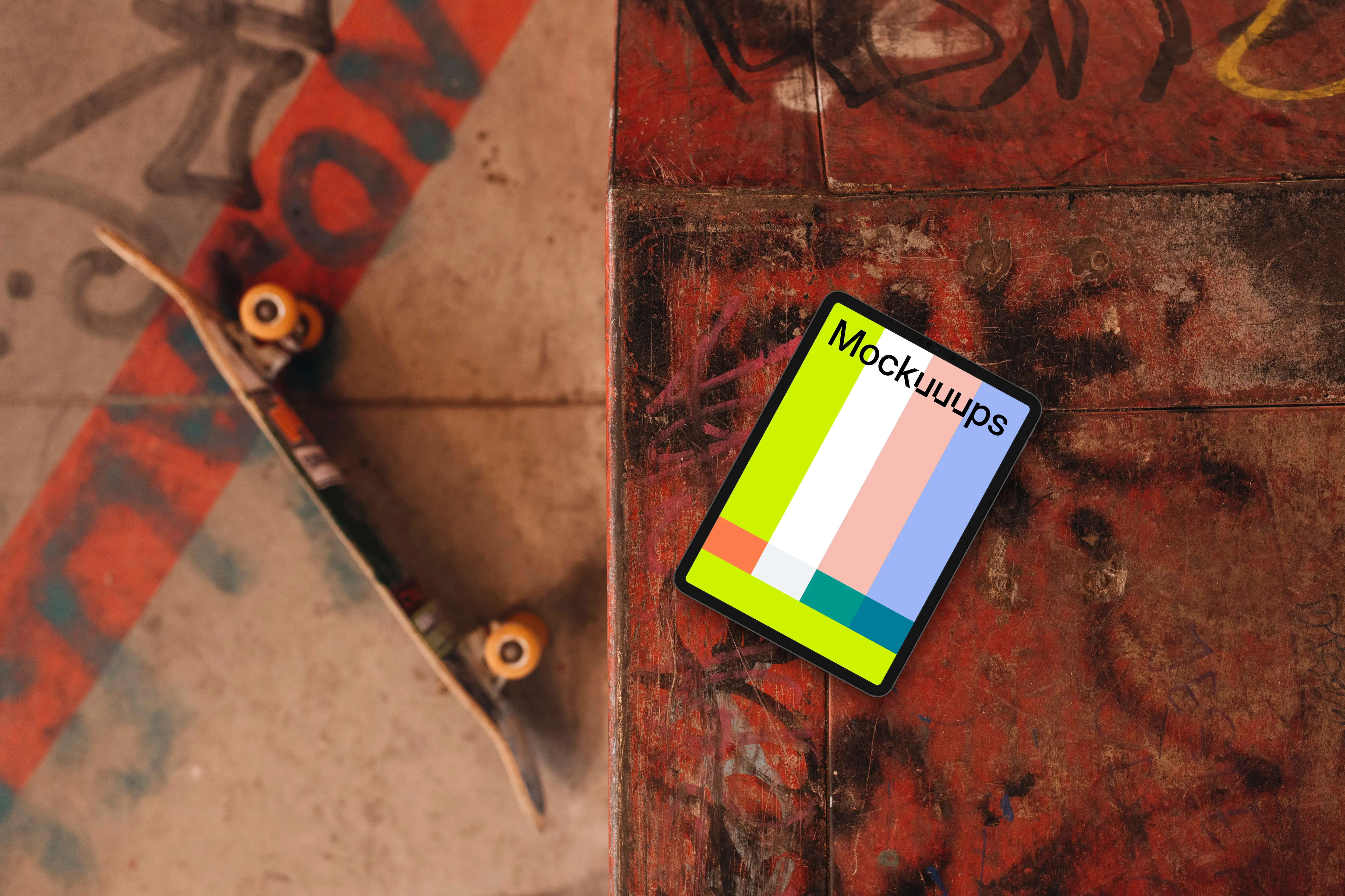 Red skatepark with tablet mockup
