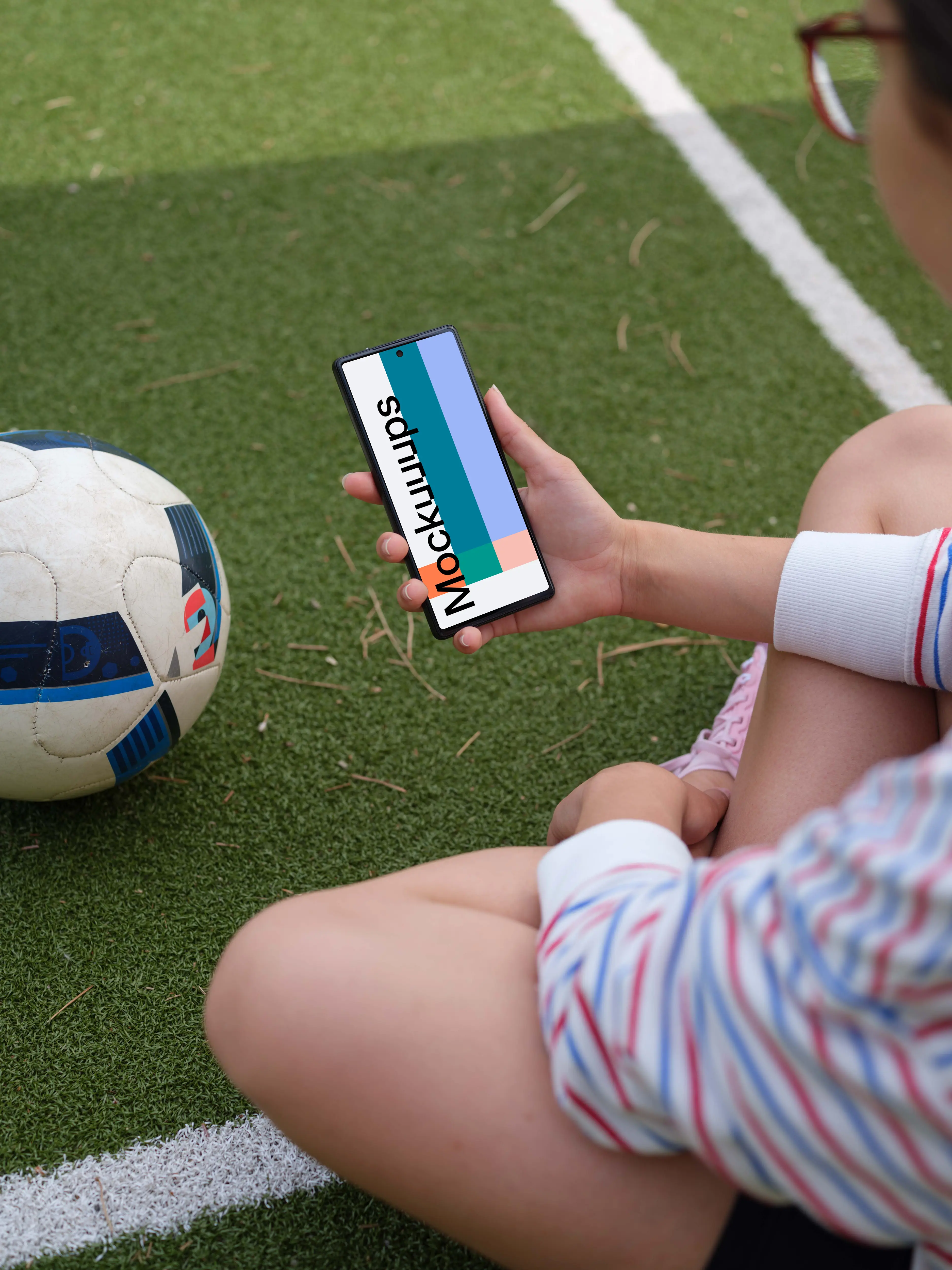 Soccer player checking on the Google Pixel 6 mockup