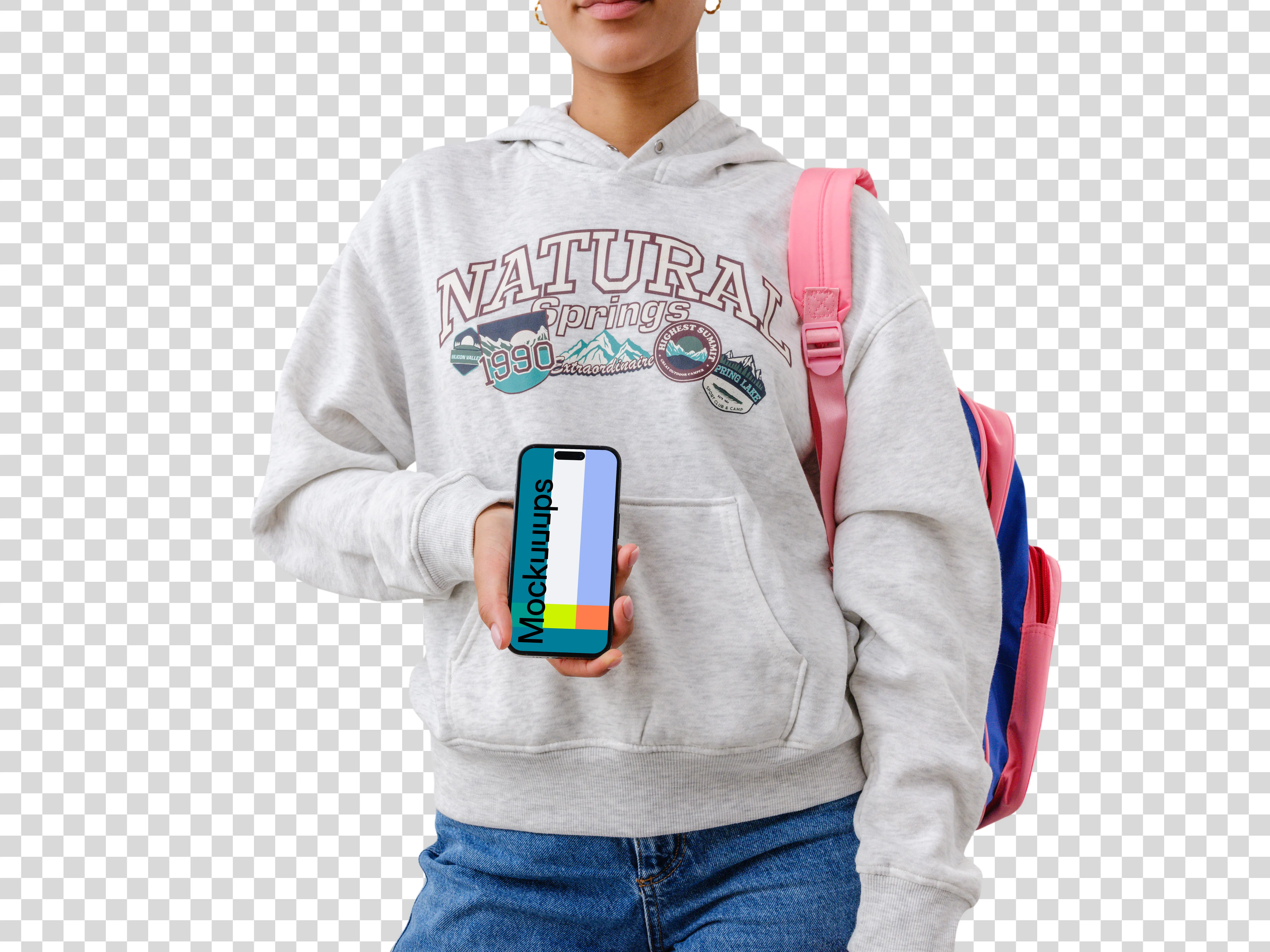 Student holding an iPhone 14 Pro mockup