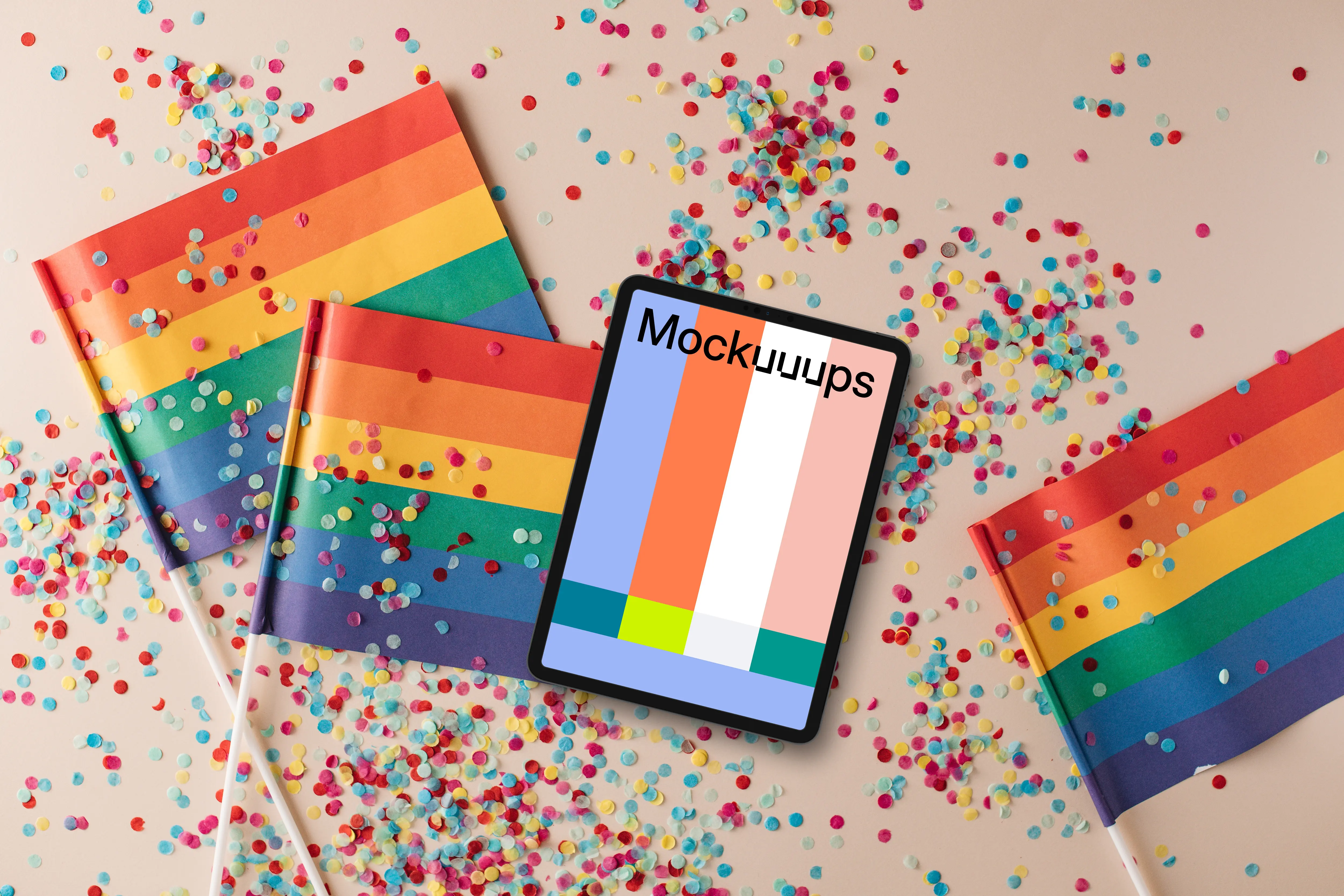 Tablet mockup among LGBT flags