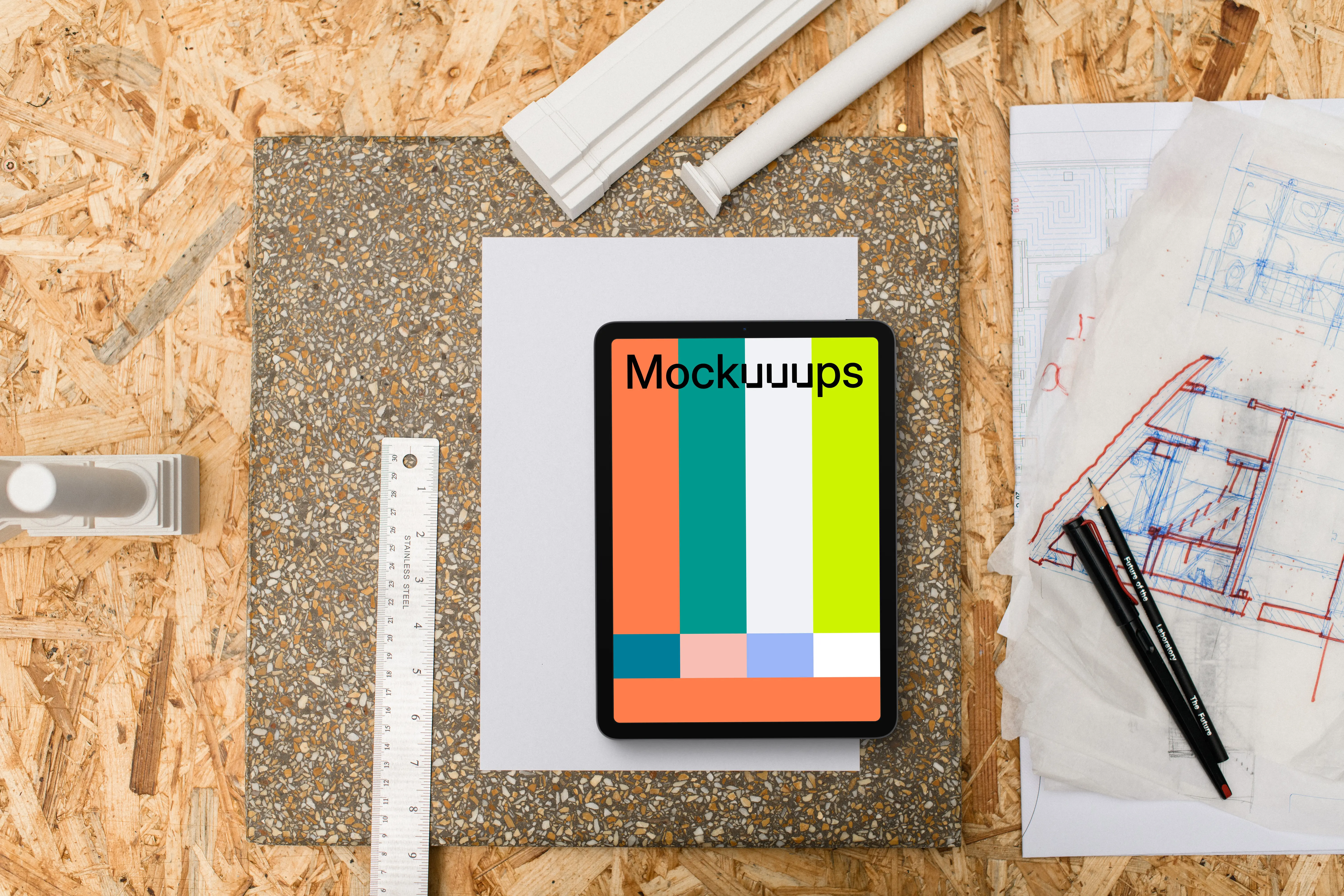 Tablet mockup at architect's workstation