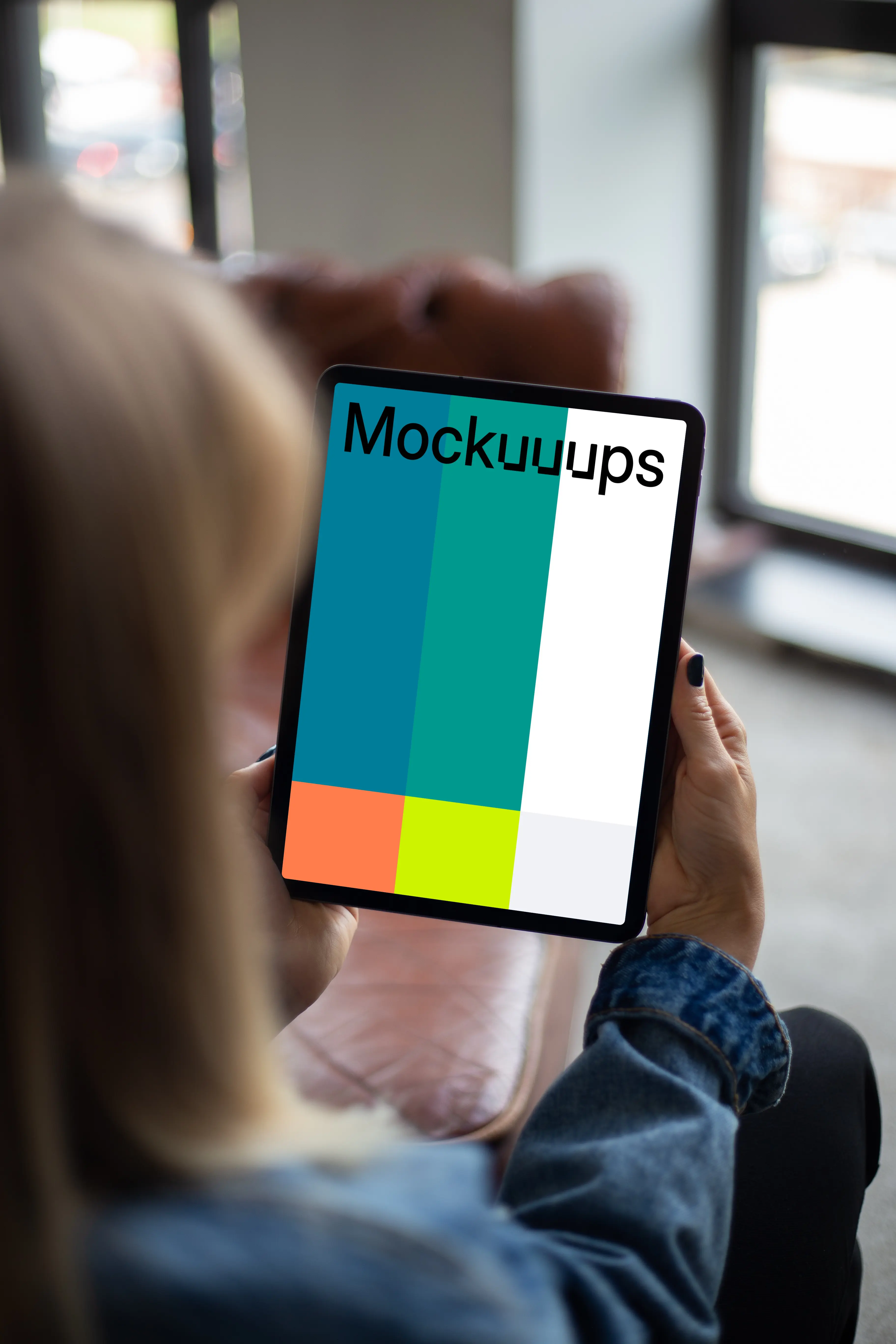 Tablet mockup held by user beside a window