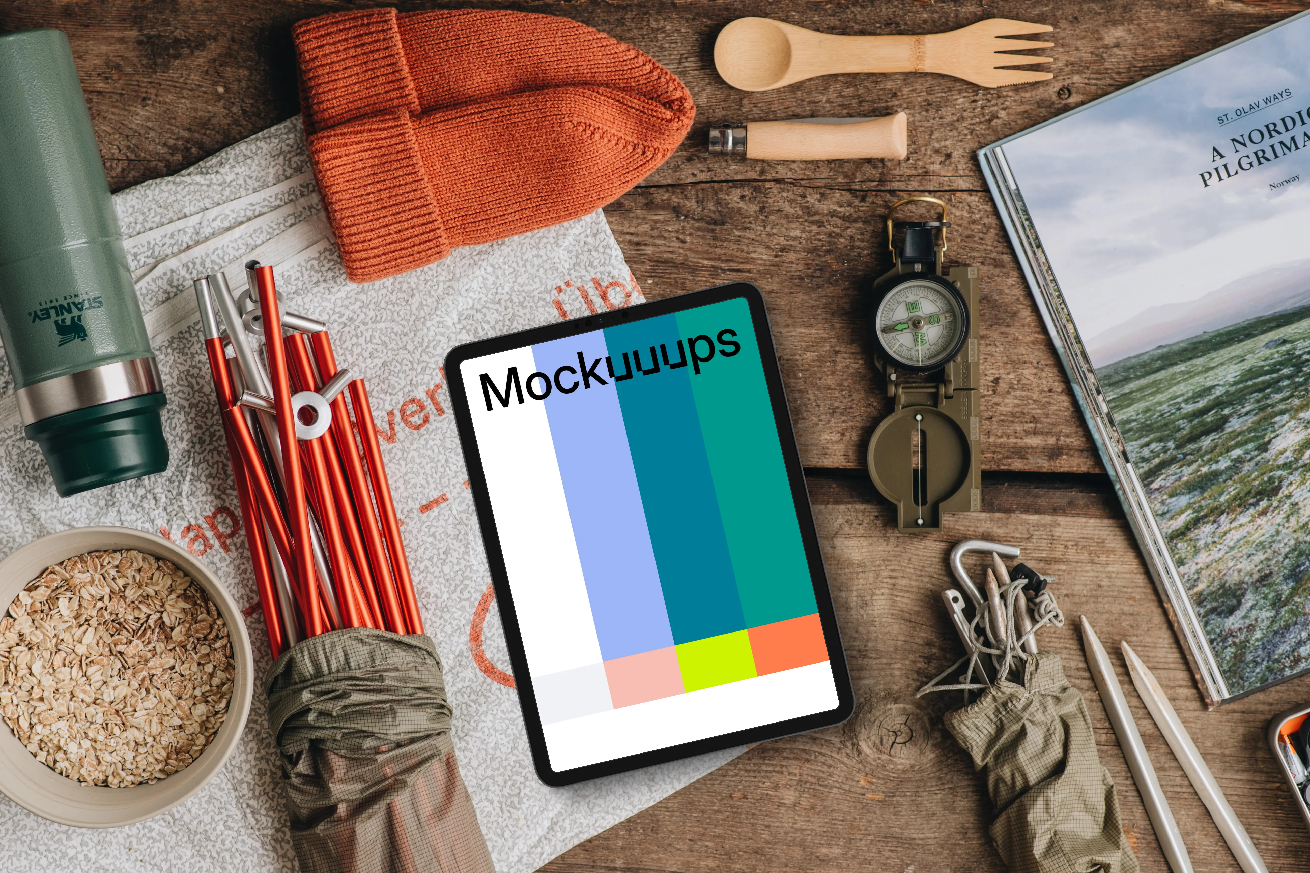 Tablet mockup in an adventure setting