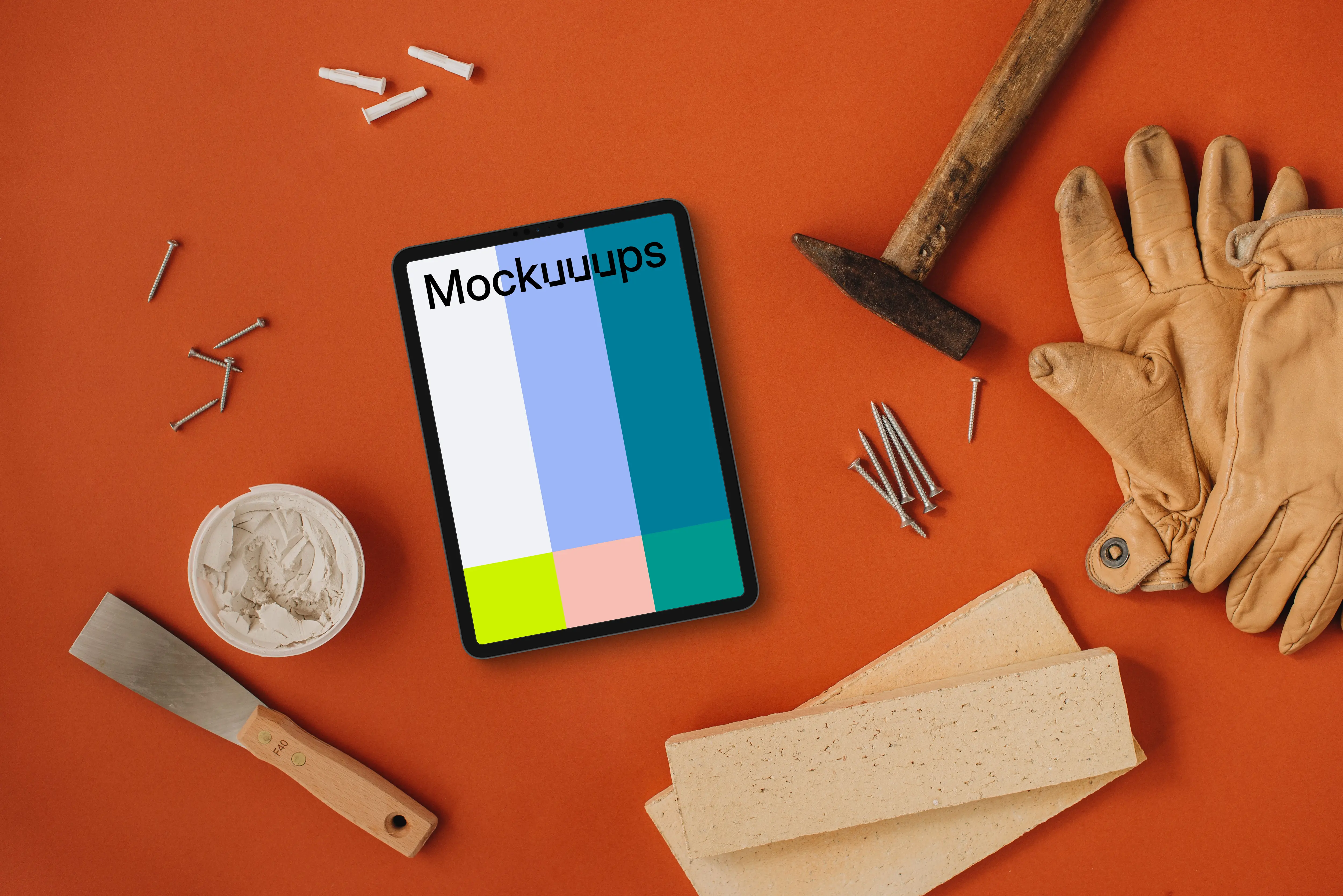 Tablet mockup in the center of a workshop space