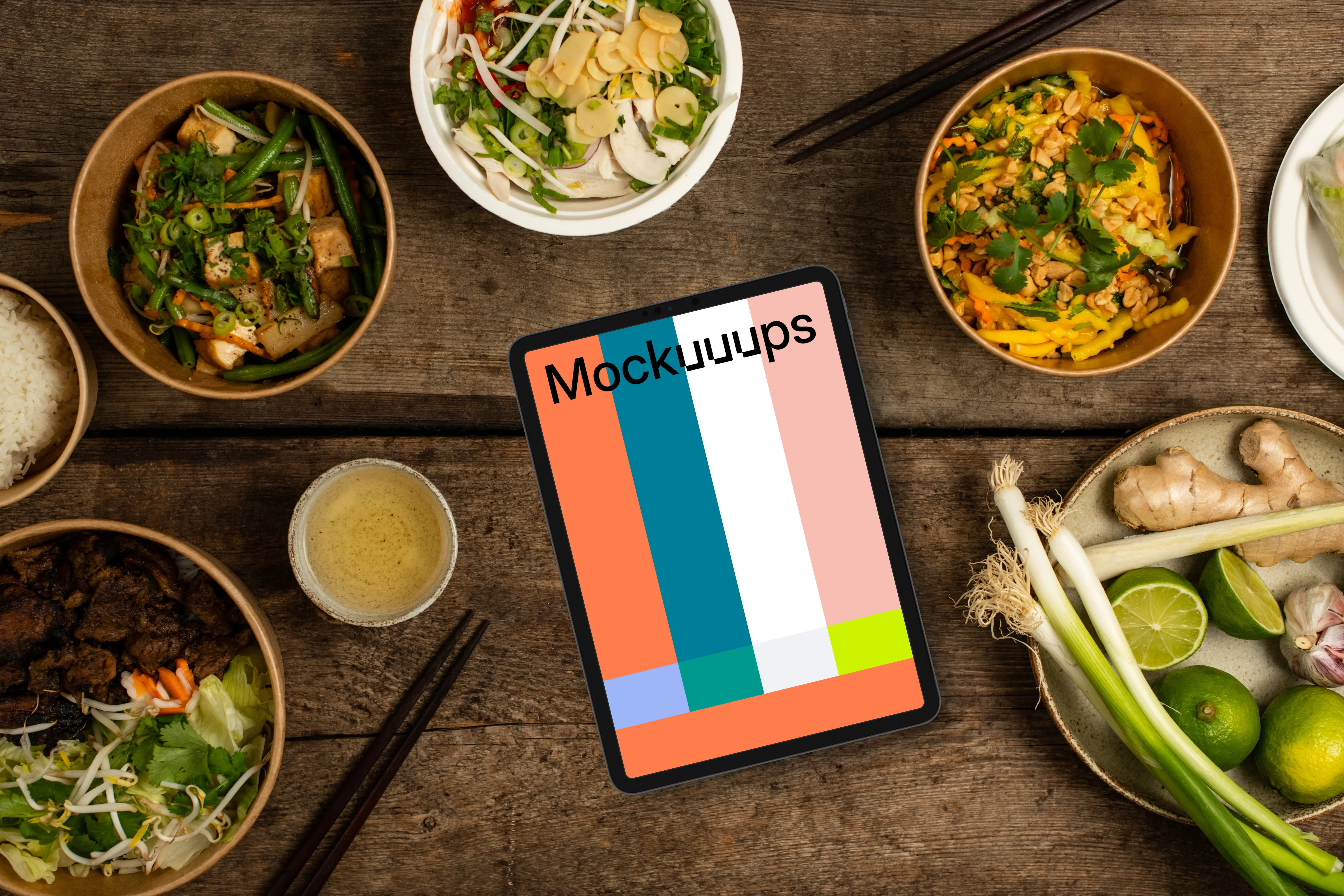 Tablet mockup in the middle of Vietnamese cuisine dishes