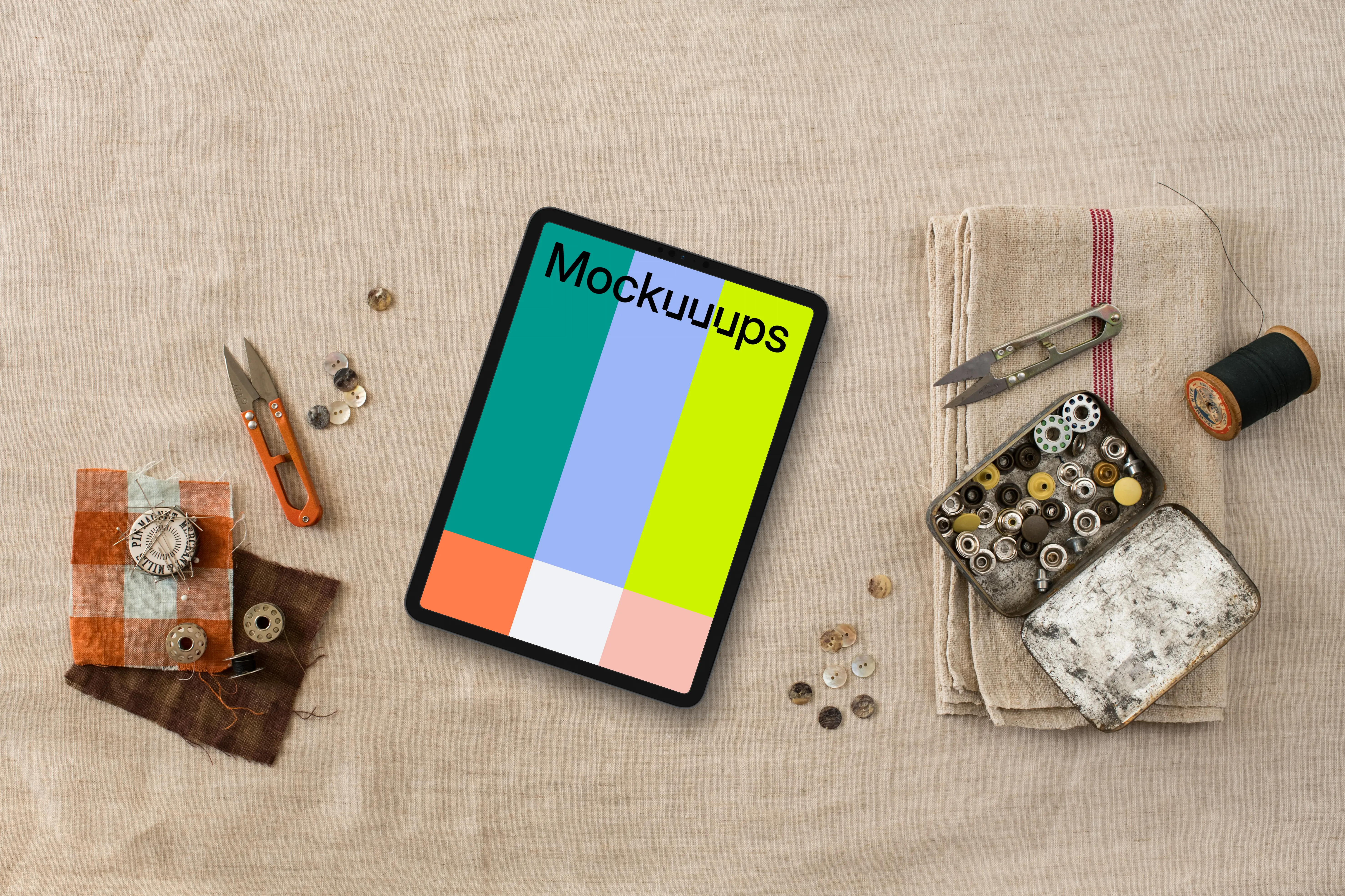 Tablet mockup next to the box with buttons