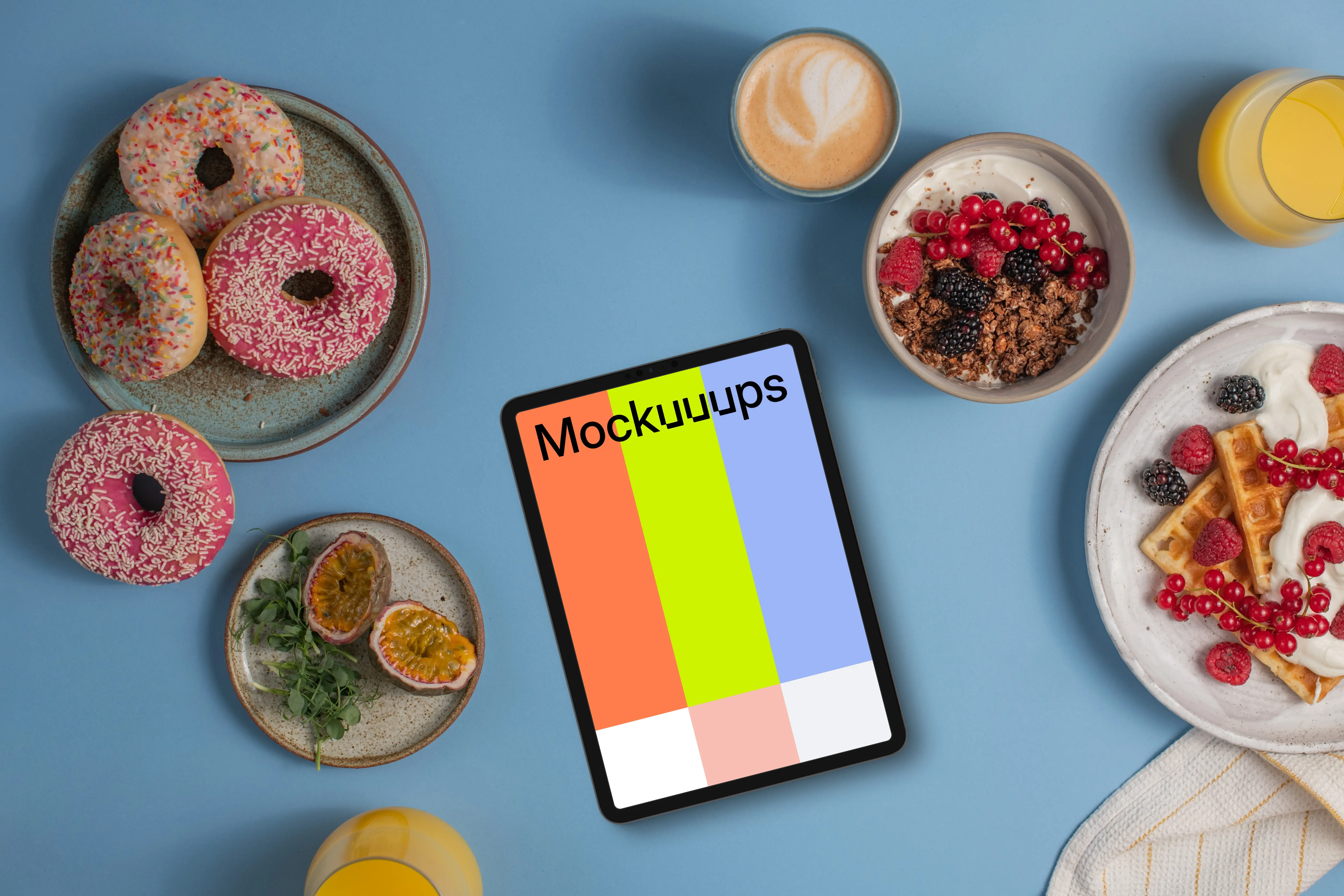 Tablet mockup next to the luscious breakfast