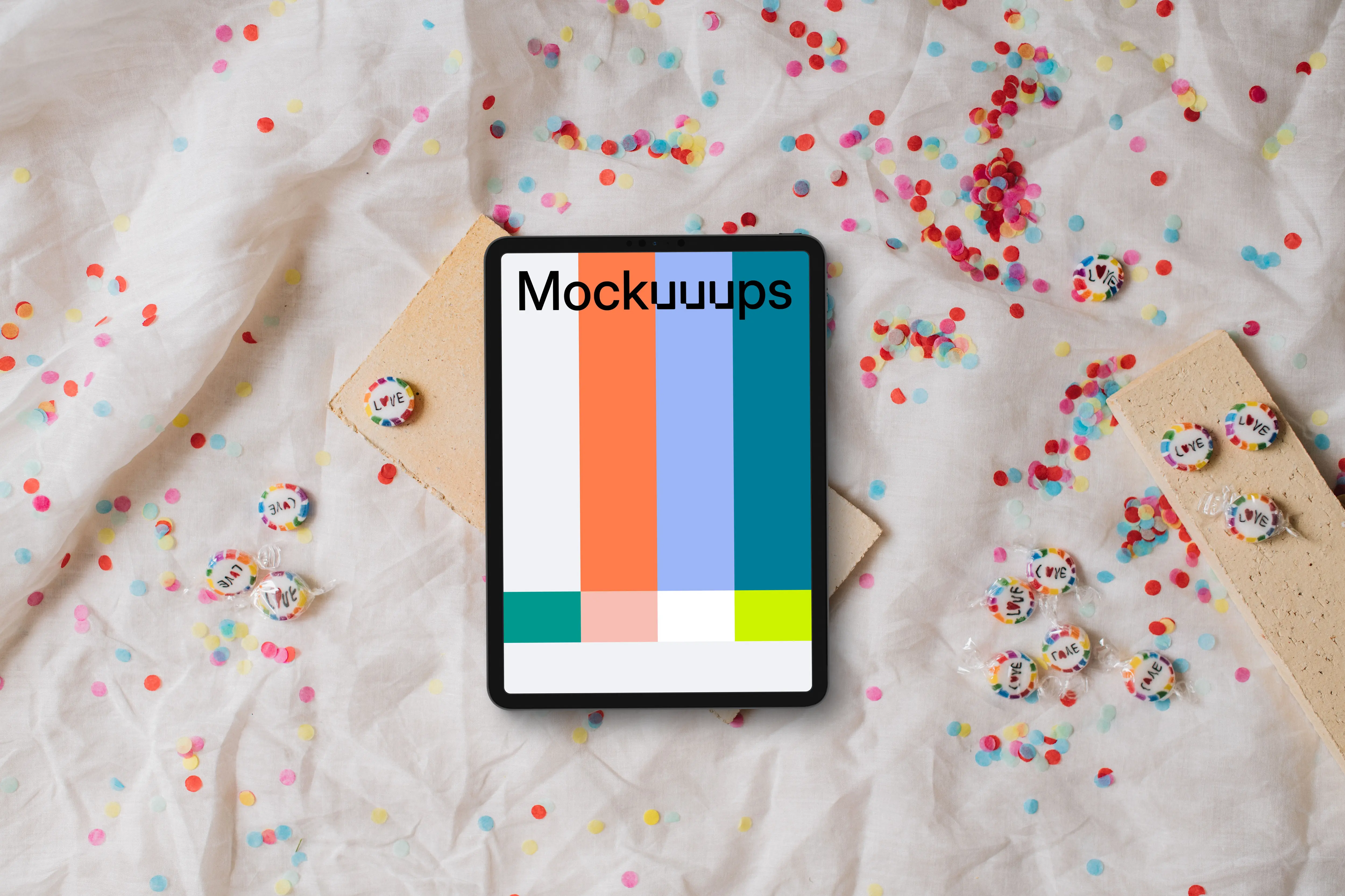 Tablet mockup on a white fabric with confetti and candy