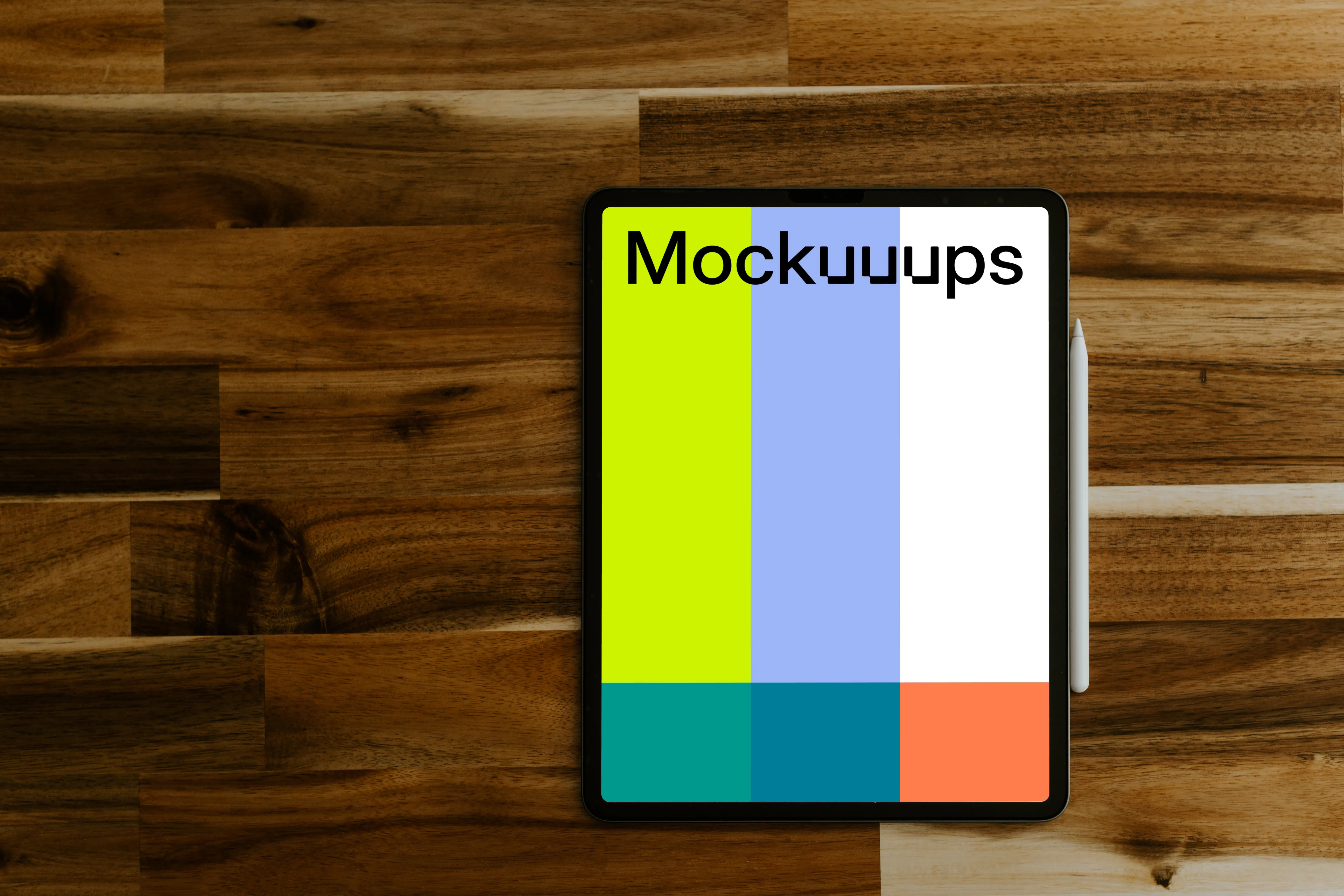 Tablet mockup on a wooden table with Apple pencil