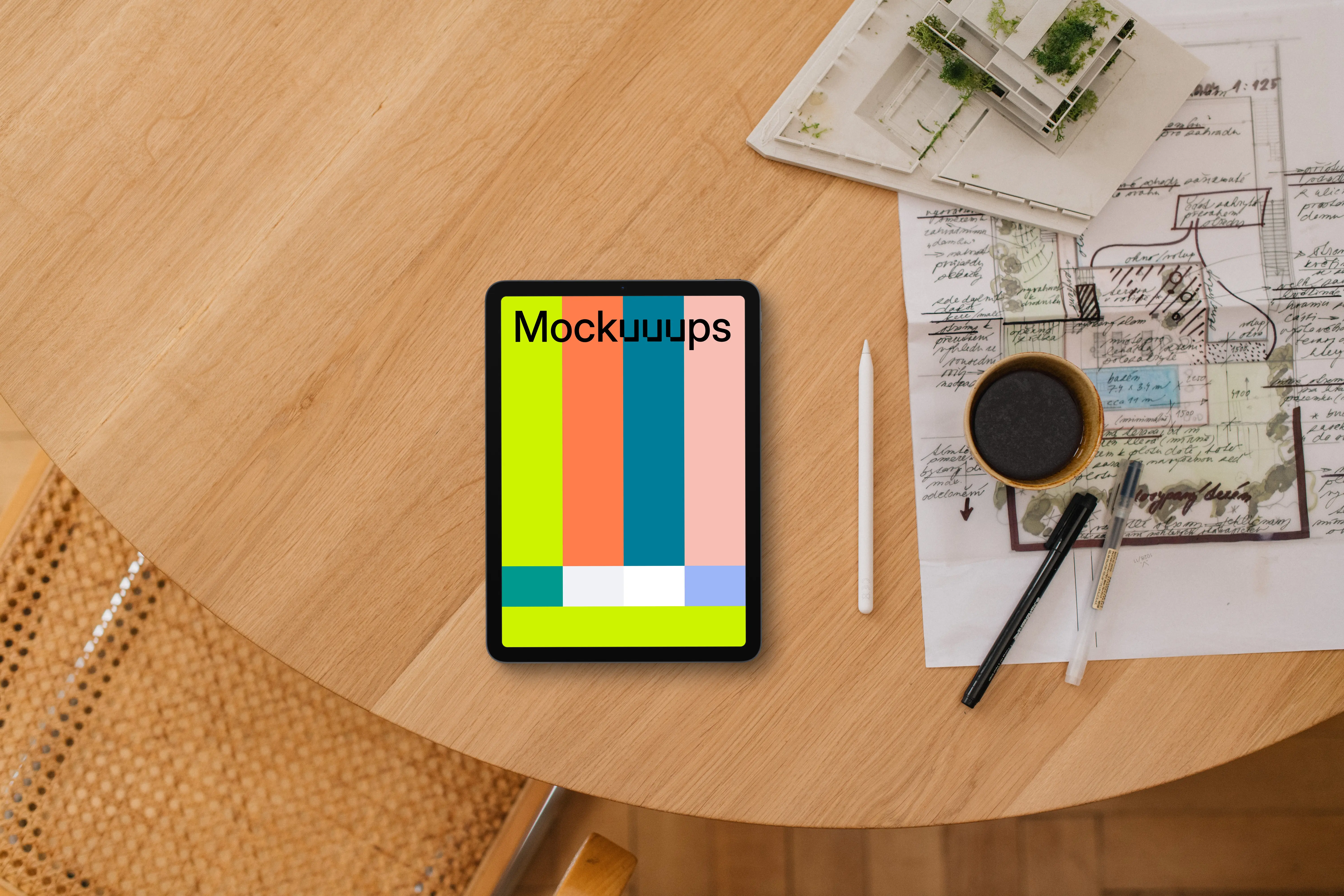 Tablet mockup on architect's desk with blueprints