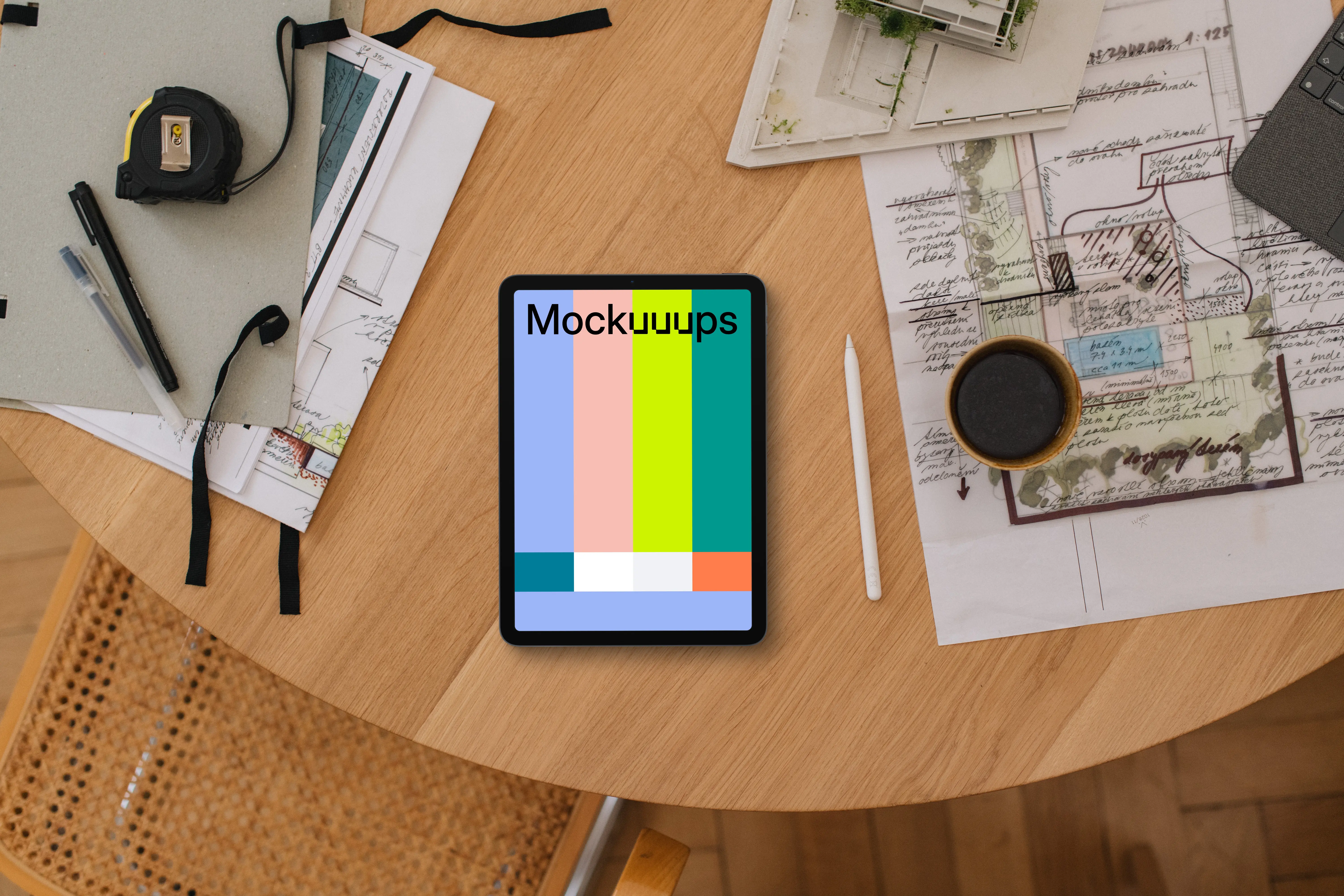 Tablet mockup on architect's desk with plans and tools