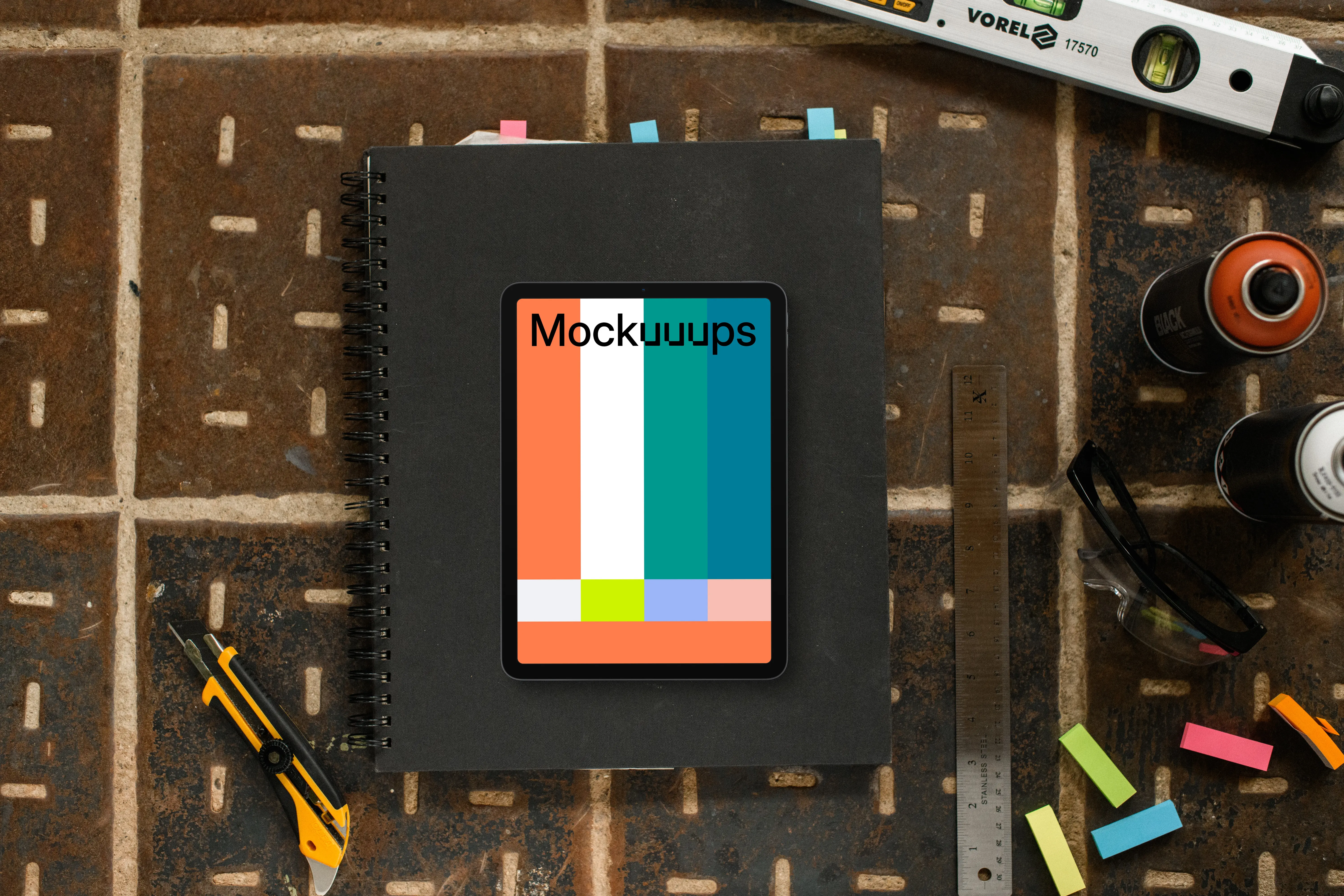 Tablet mockup on architect's desk with tools