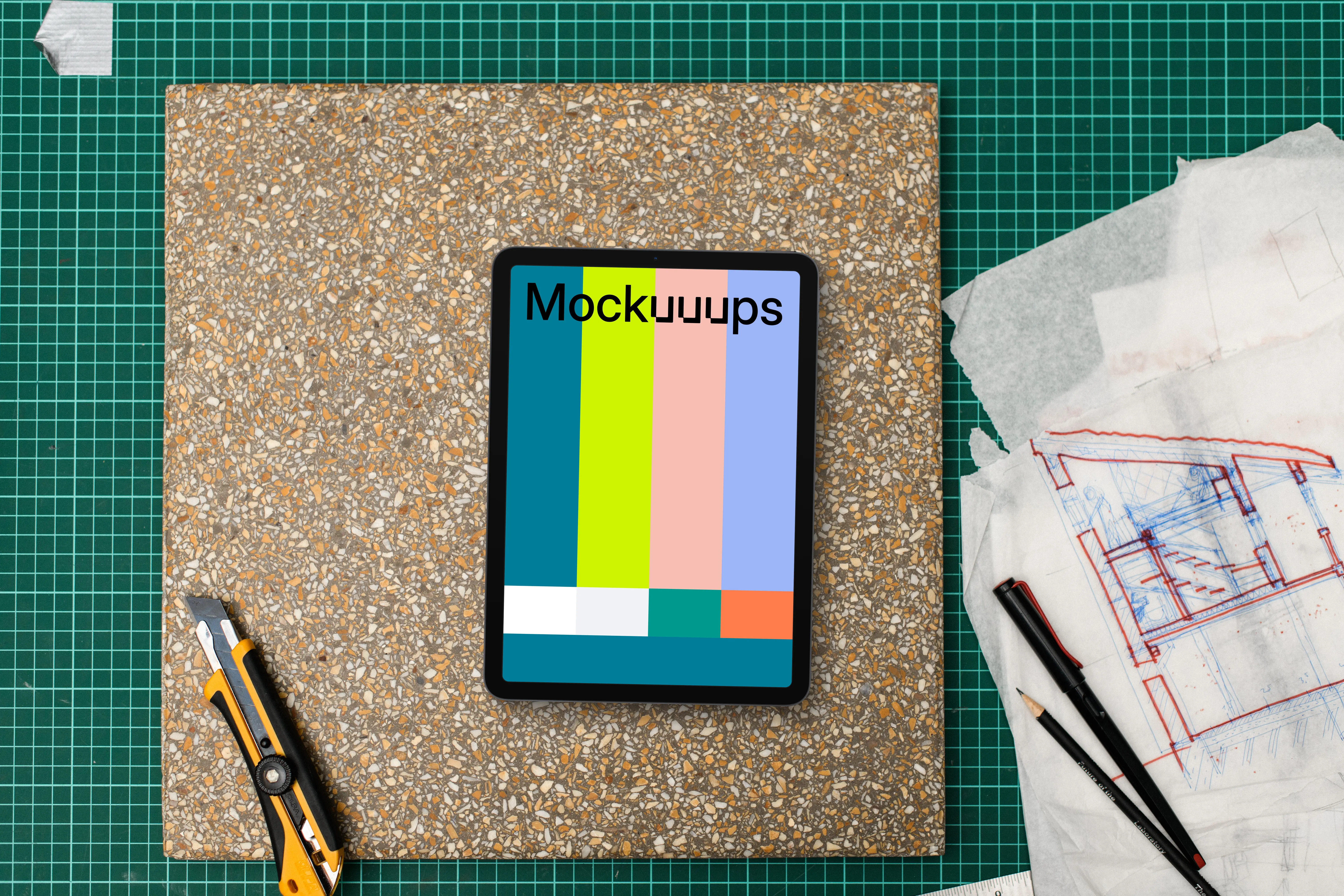 Tablet mockup on architect's table with drafting tools