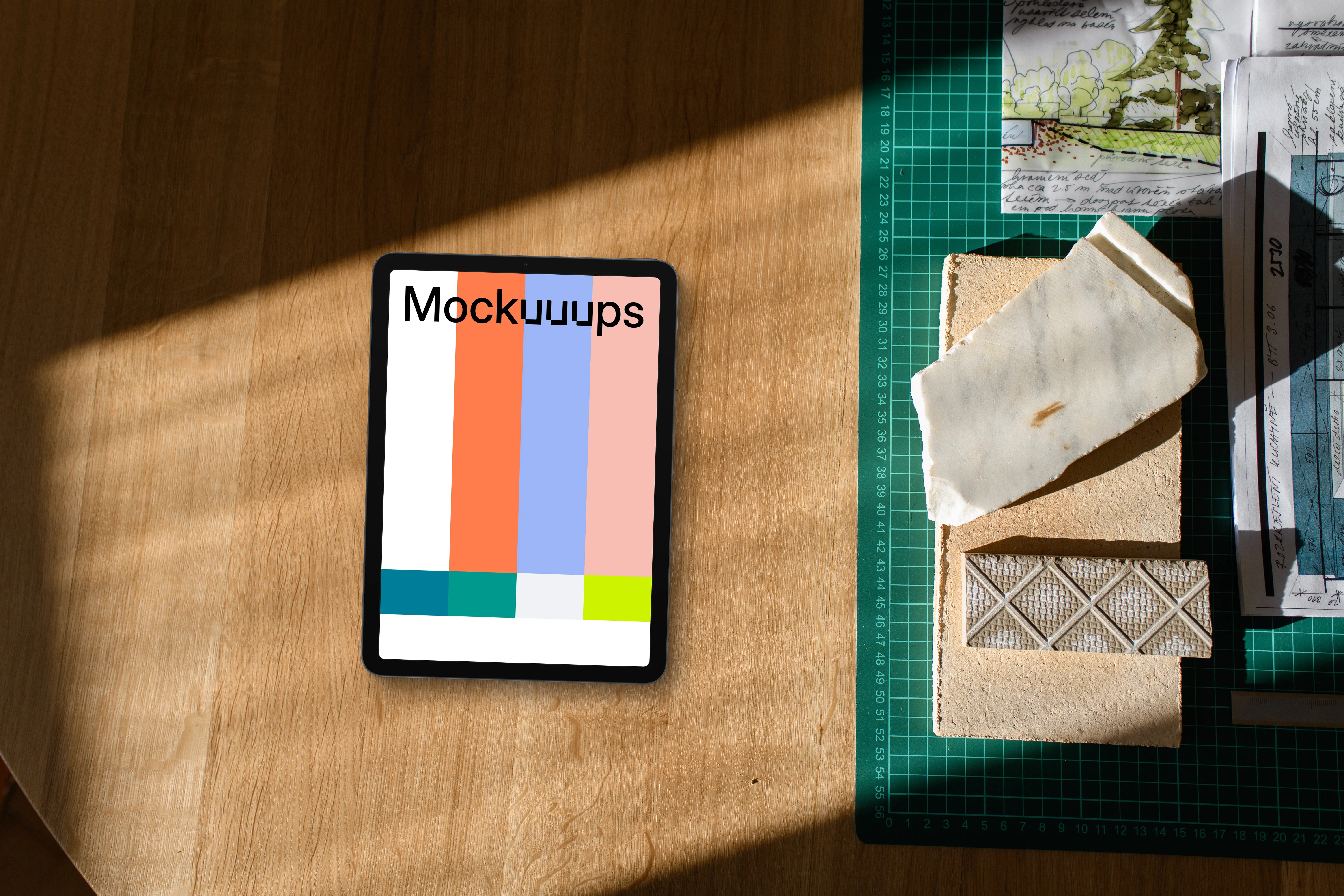 Tablet mockup on architect's workspace with blueprints and materials