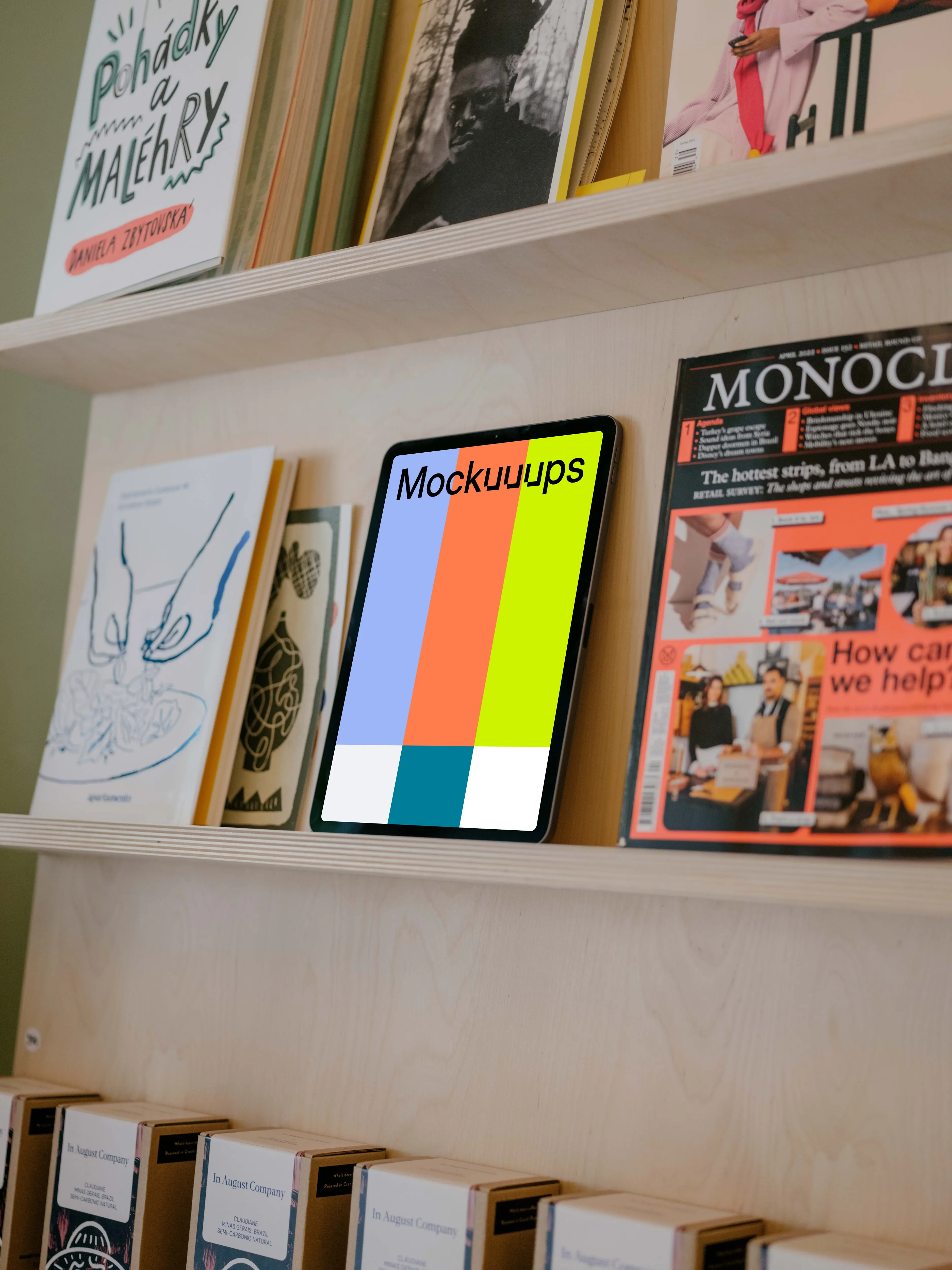 Tablet mockup on bookshelf