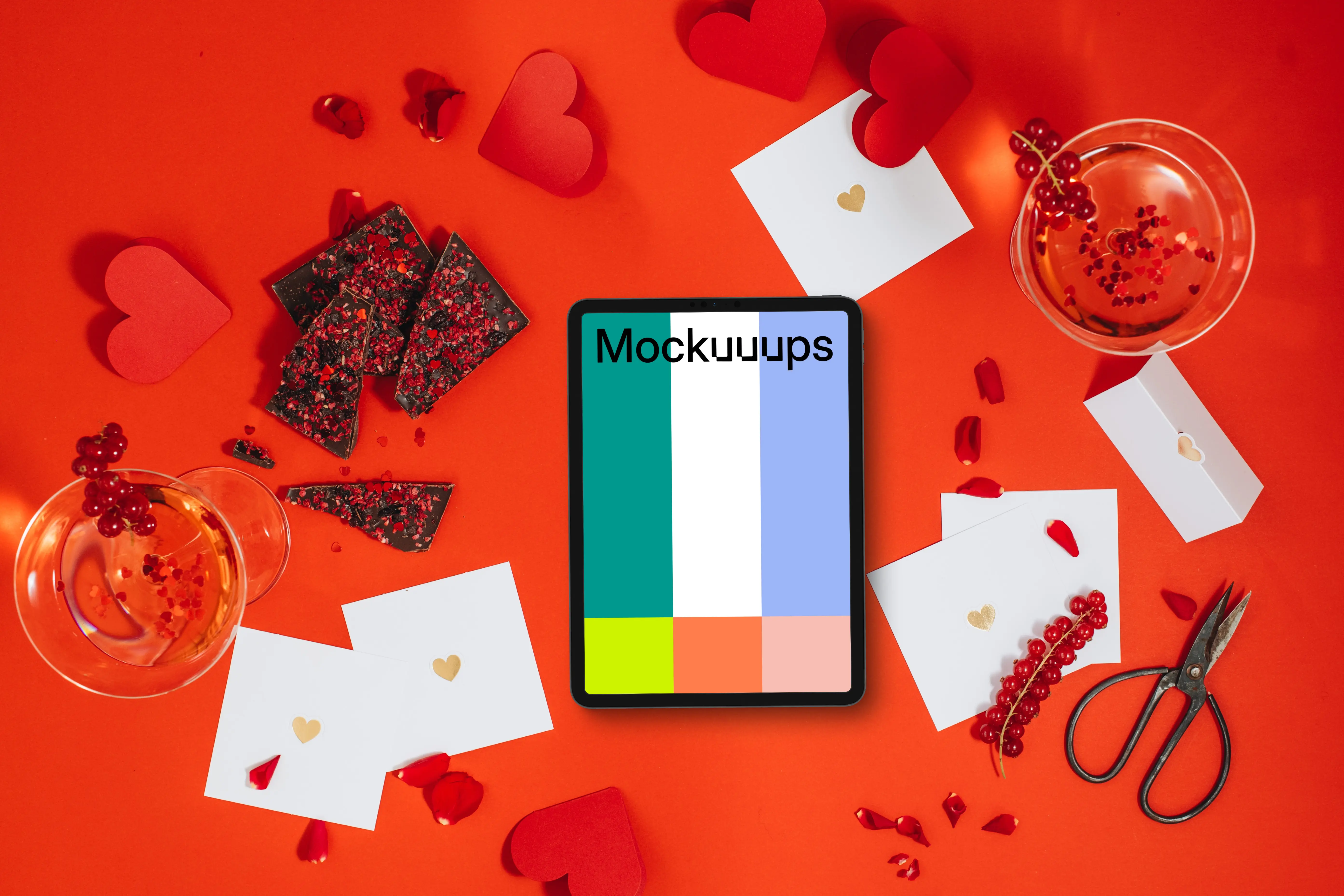 Tablet mockup on red Valentine's day background